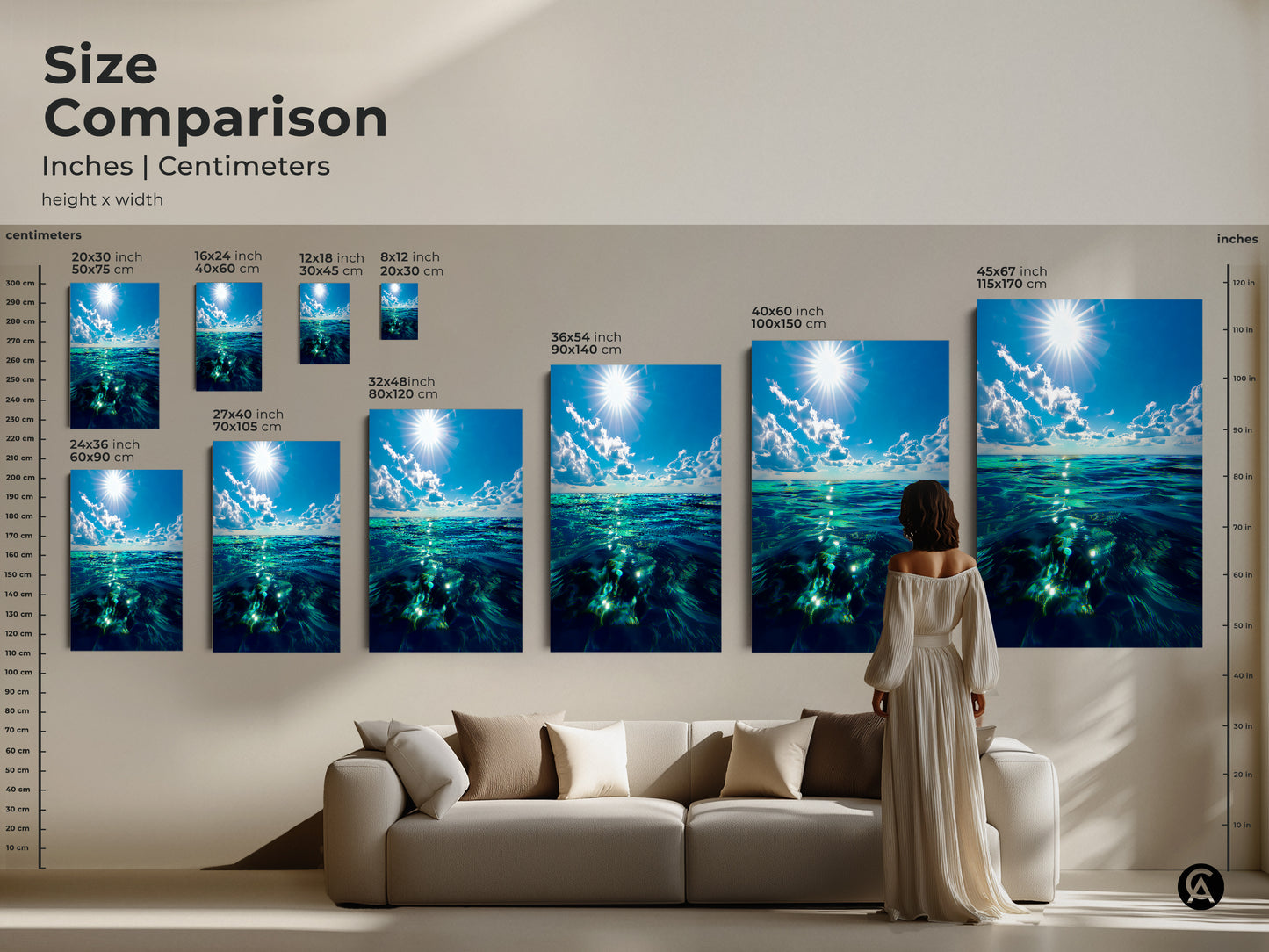 This size comparison shows the scale of the photorealistic ocean waves canvas print. The coastal art decor looks great in various sizes above a sofa. The deep blue ocean artwork adds a touch of nature to any room. See how each size transforms your space.