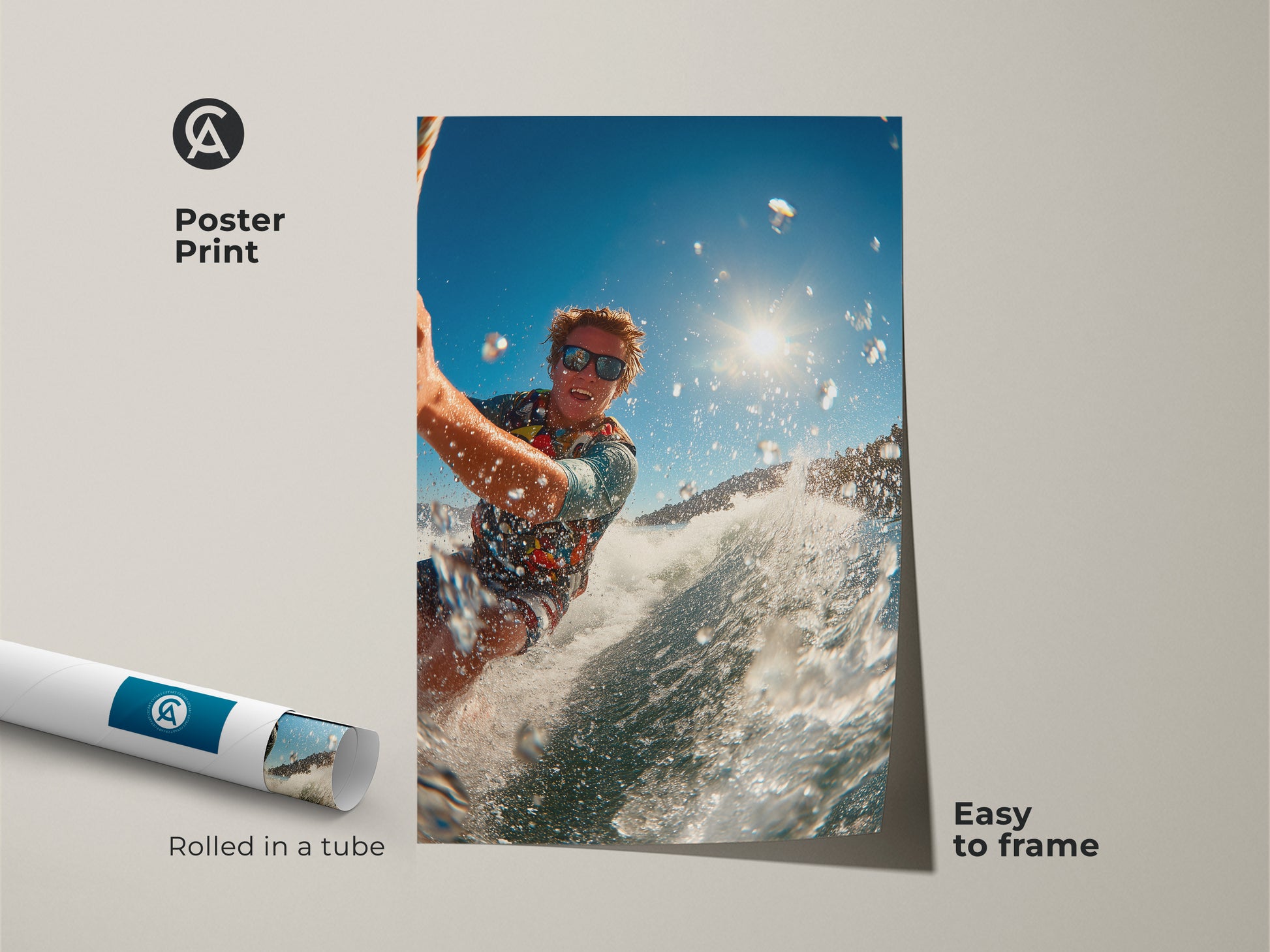A poster print features a surfer in action on a wave. Rolled in a tube it's easy to frame. This affordable art print brings the ocean's excitement home. Ideal for those who love surfing and want a simple decor solution.