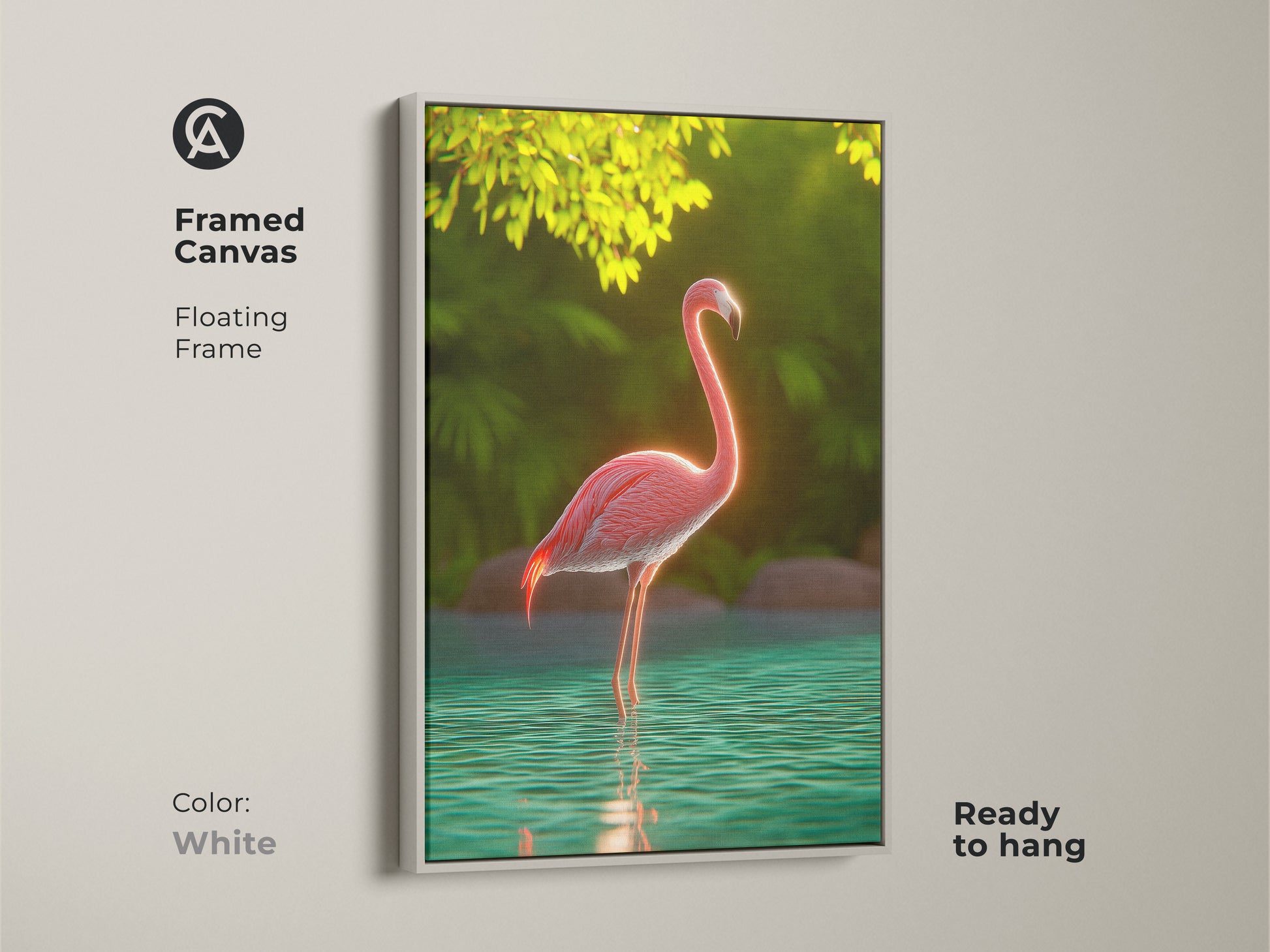 Framed canvas featuring a pink flamingo tropical bird wall art piece. The floating white frame adds a clean modern look. Teal green nature art is perfect for boho home decor. This exotic animal art is ready to hang. It is a great housewarming gift for her.