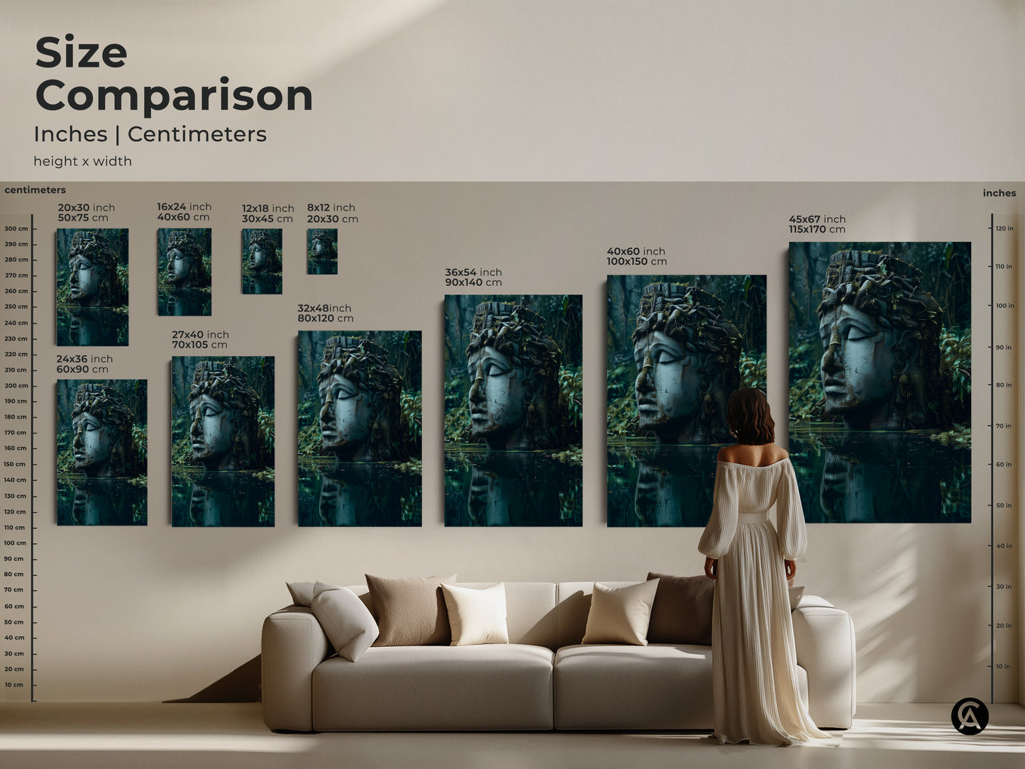 Size comparison of surrealist sculpture art in inches and centimeters. The mythology head wall art has deep blues grays and greens. Perfect for eclectic home decor office study or as a housewarming gift art.