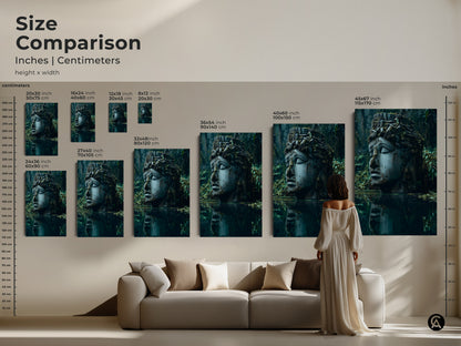 Size comparison of surrealist sculpture art in inches and centimeters. The mythology head wall art has deep blues grays and greens. Perfect for eclectic home decor office study or as a housewarming gift art.