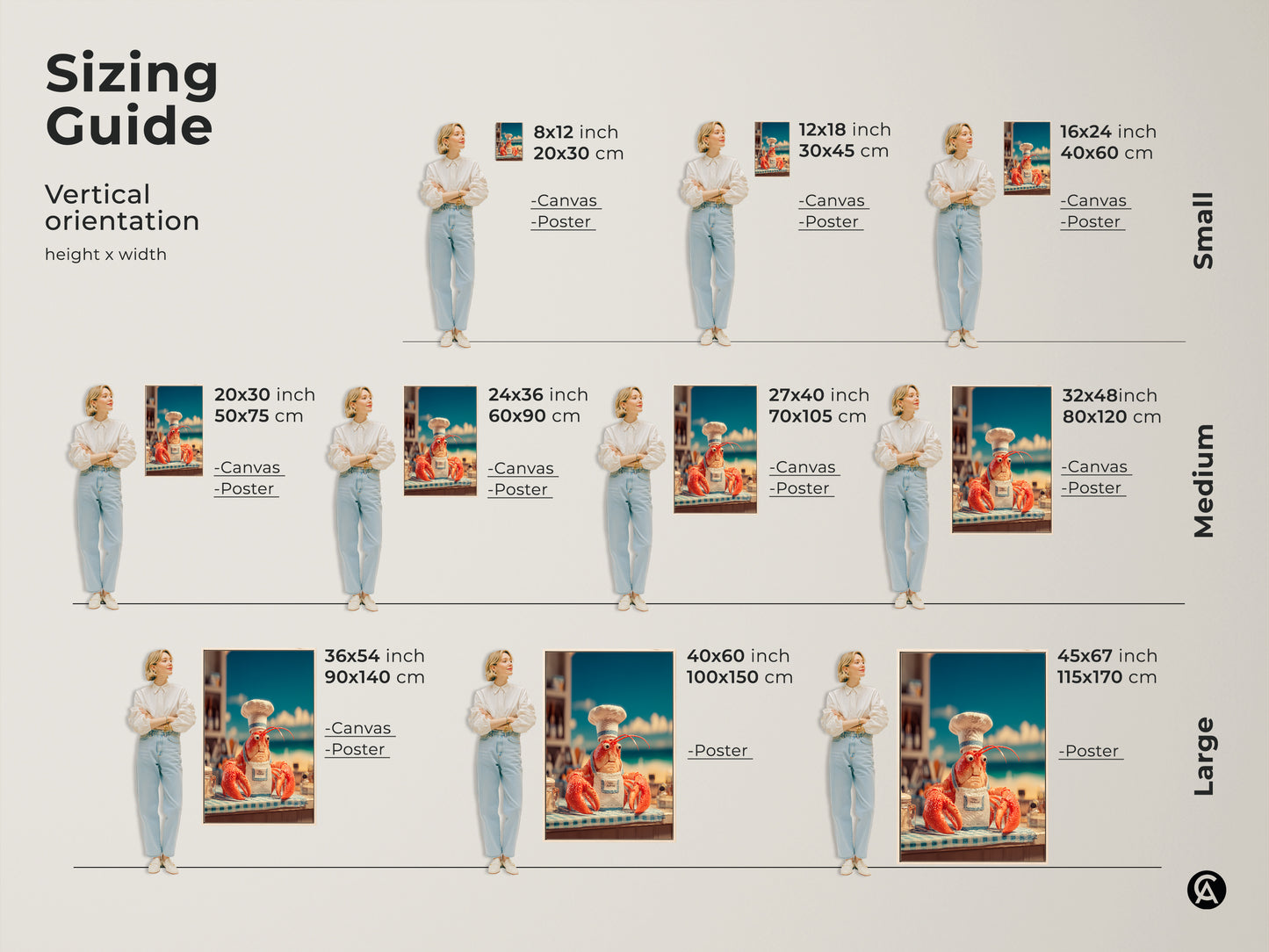 Sizing guide for vertical lobster chef artwork. Find the perfect fit with small medium and large sizes. Available as canvas or poster prints. Visualize the art in your space with our helpful guide. Enhance your home with this art.