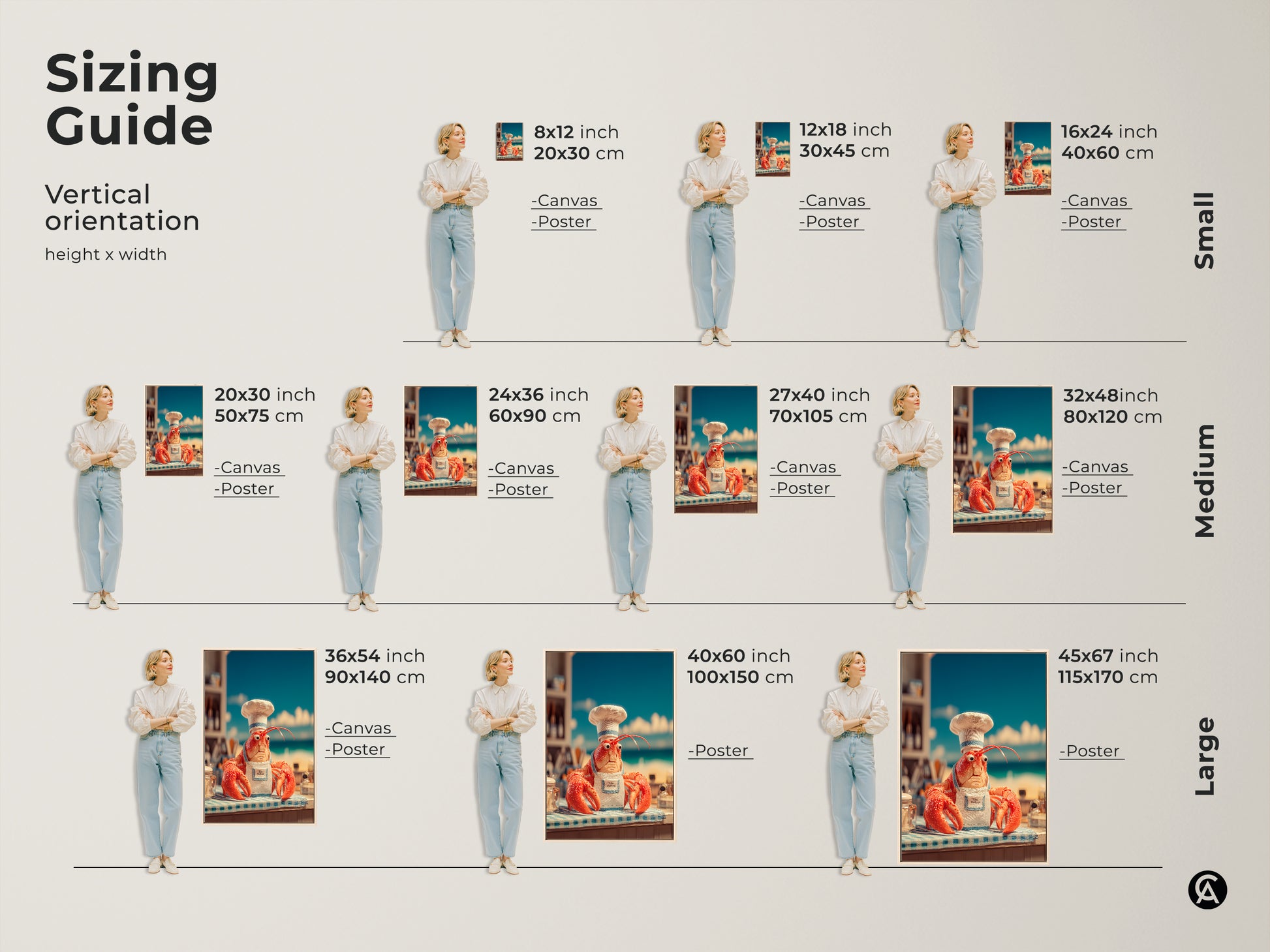 Sizing guide for vertical lobster chef artwork. Find the perfect fit with small medium and large sizes. Available as canvas or poster prints. Visualize the art in your space with our helpful guide. Enhance your home with this art.