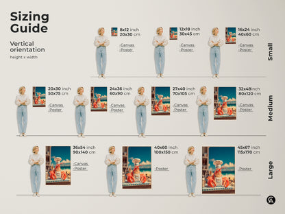 Sizing guide for vertical lobster chef artwork. Find the perfect fit with small medium and large sizes. Available as canvas or poster prints. Visualize the art in your space with our helpful guide. Enhance your home with this art.