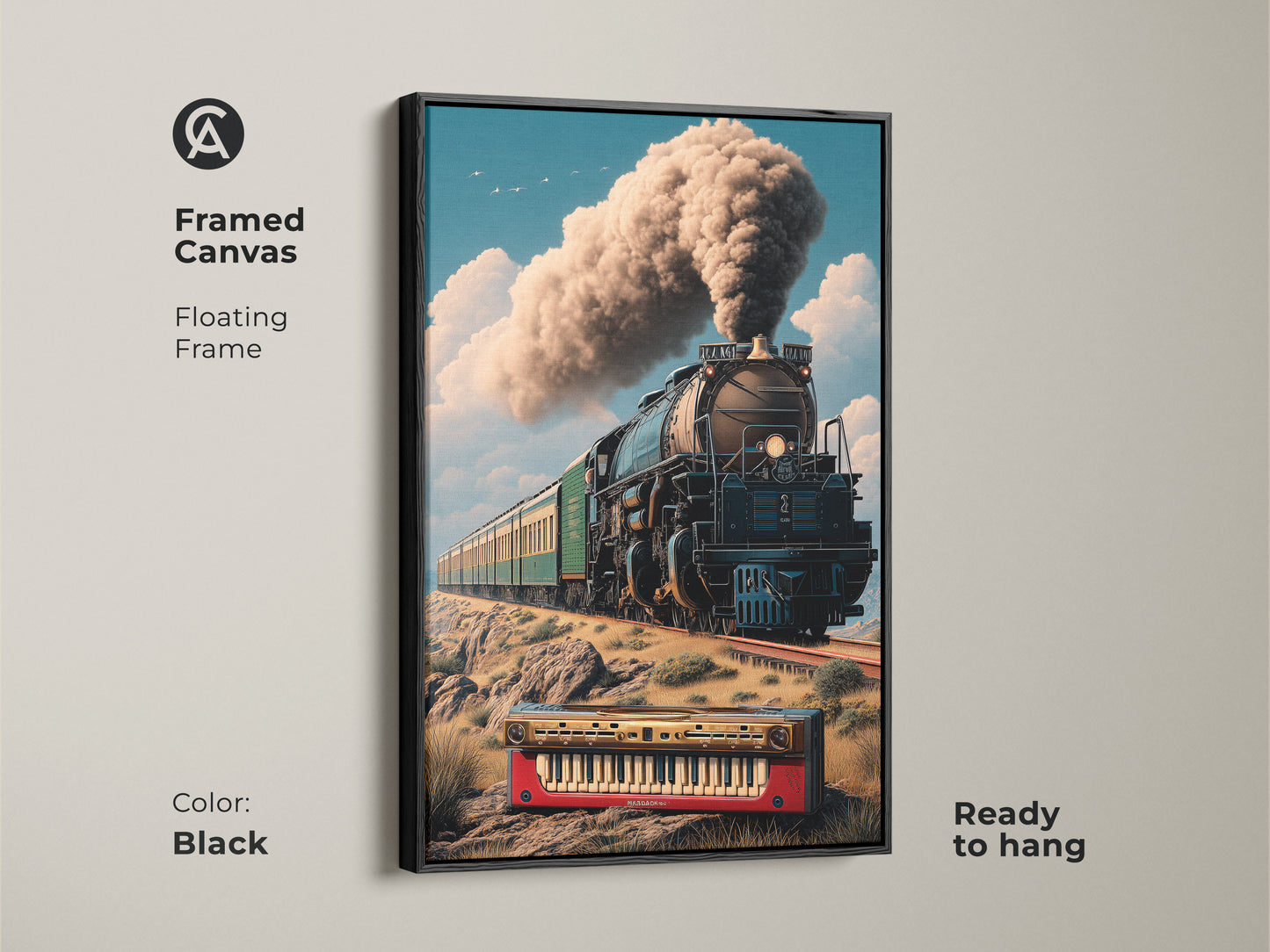 Black framed canvas of a surreal steam train artwork. Retro locomotive with a keyboard adds eclectic touch. Ready to hang for study room office or home decor. Floating frame enhances the artwork. Ideal gift for music or train enthusiasts. The unique wall decor piece offers vintage charm.