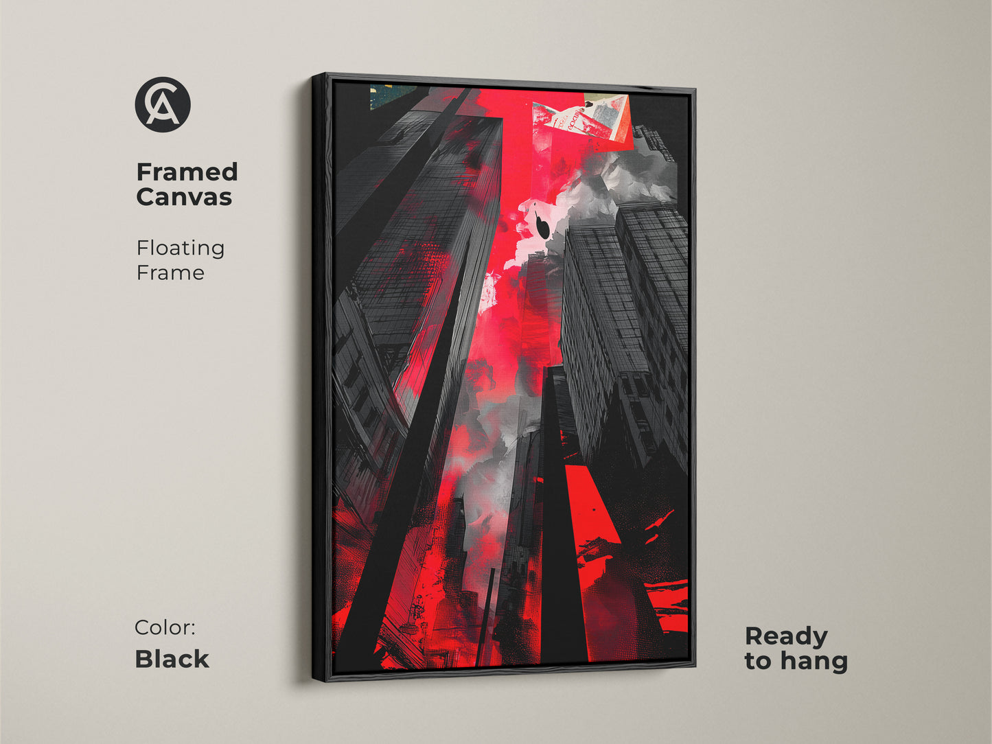 Framed canvas featuring an abstract cityscape with a black floating frame. This ready-to-hang red and black urban artwork is ideal for contemporary offices and homes.
