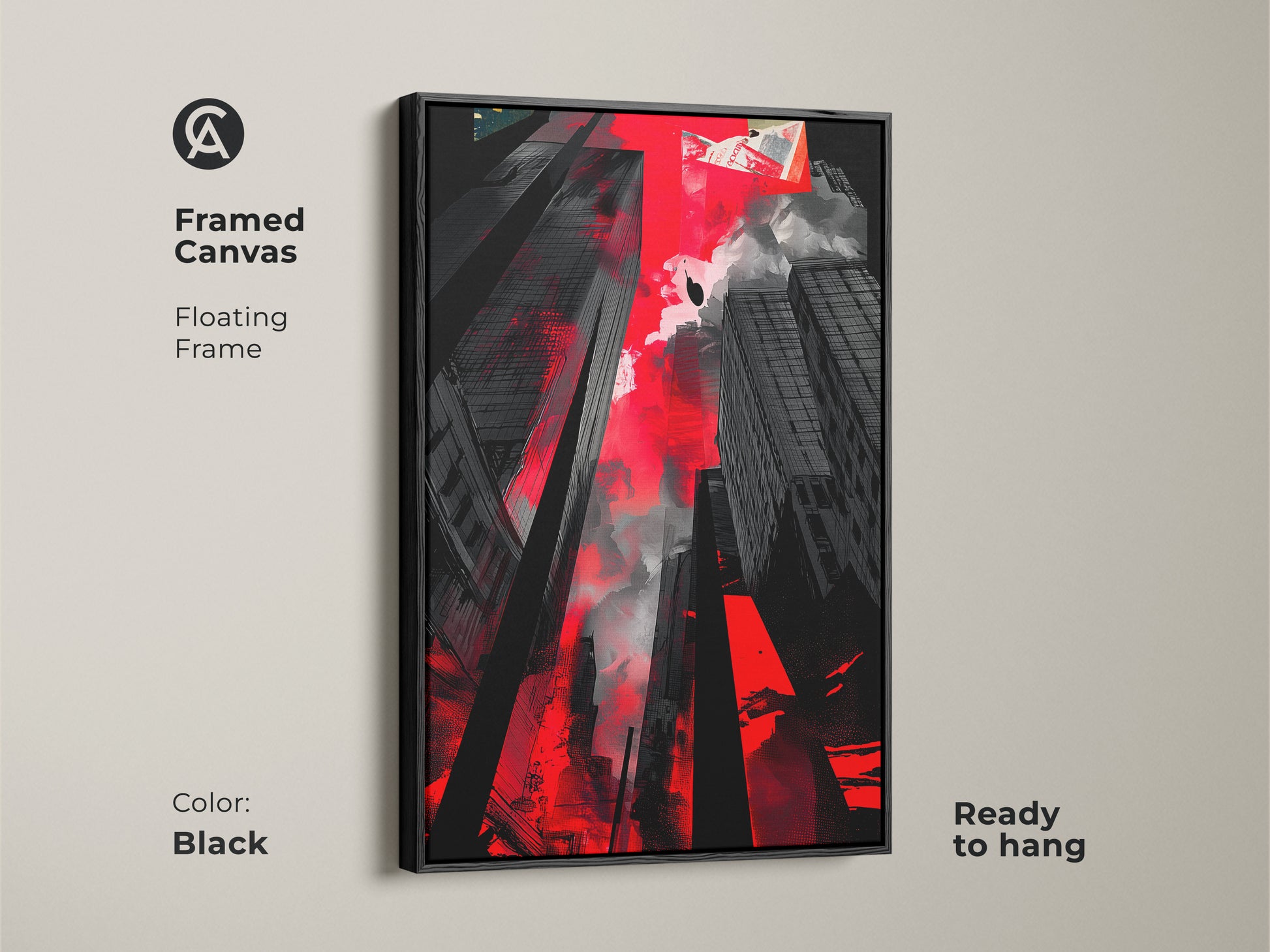 Framed canvas featuring an abstract cityscape with a black floating frame. This ready-to-hang red and black urban artwork is ideal for contemporary offices and homes.