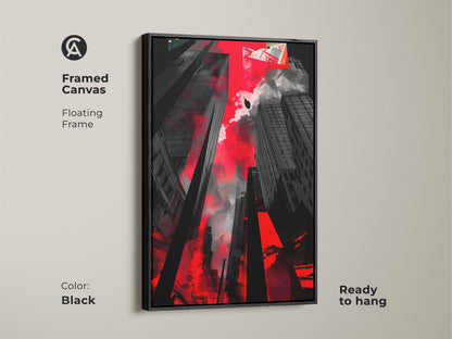 Framed canvas featuring an abstract cityscape with a black floating frame. This ready-to-hang red and black urban artwork is ideal for contemporary offices and homes.