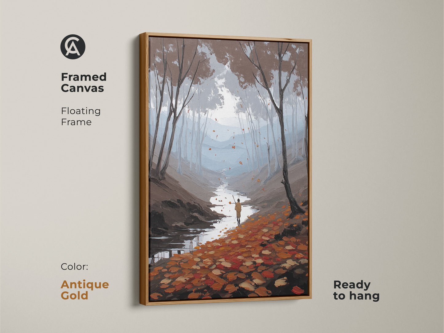Framed Canvas with antique gold floating frame of autumn forest river art. The art displays an impressionist landscape print with a hiker. This Scandinavian style decor is ready to hang. Serene river path art for cozy cabin decor.