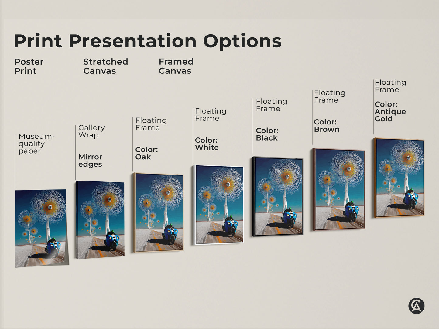 Explore print presentation options showcasing surreal motorcycle canvas print. See poster prints stretched canvas and framed canvas of the futuristic dandelion artwork. Ideal for office decor or a unique F1 fan gift idea. Each style enhances this blue orange art.