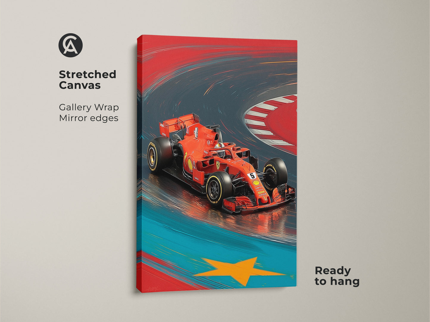 The vibrant red F1 racing car print is showcased. The stretched canvas features gallery wrapped mirror edges. Ready to hang this motorsport office decor will add dynamic speed artwork to any contemporary home. This is an ideal car lover gift idea.