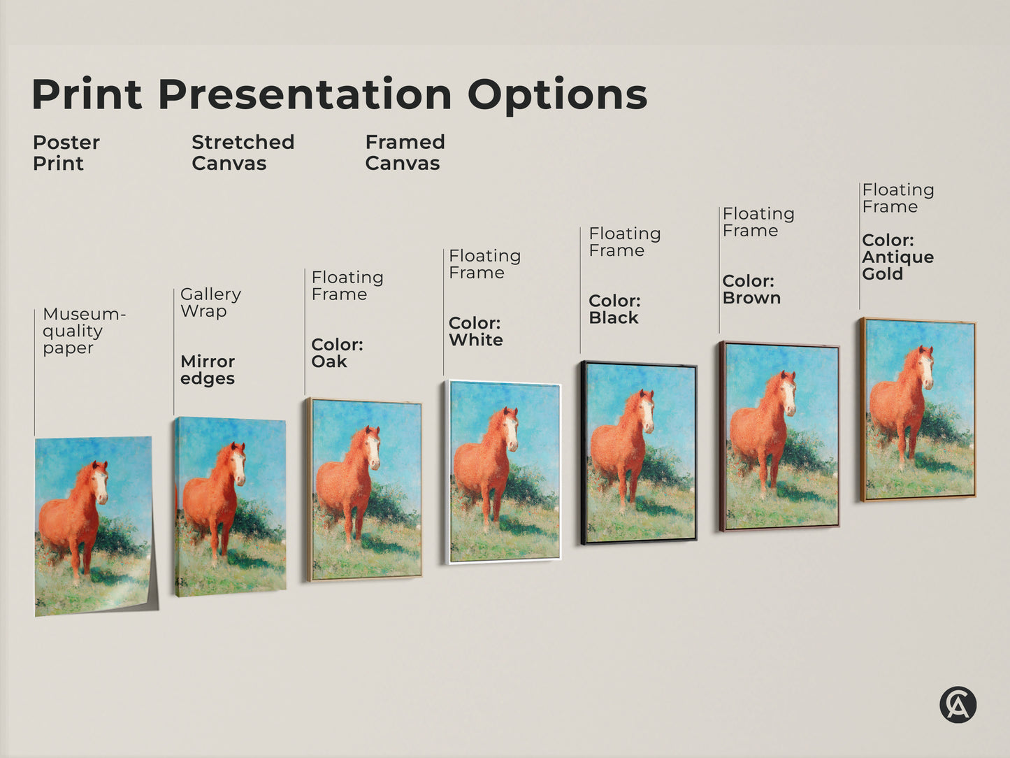 Explore print presentation options for equestrian canvas art. Choose from poster prints stretched canvas and framed canvas styles. Options include gallery wrap and floating frames in black brown antique gold and white. Find the perfect rustic landscape print to complement your home decor and showcase your love for horses.