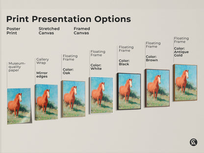 Explore print presentation options for equestrian canvas art. Choose from poster prints stretched canvas and framed canvas styles. Options include gallery wrap and floating frames in black brown antique gold and white. Find the perfect rustic landscape print to complement your home decor and showcase your love for horses.
