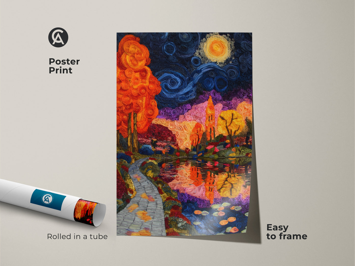 Poster Print of a Post-Impressionist canvas print. The artwork displays an orange blue purple landscape of trees and water. This is a nature-inspired wall art piece. It is an artistic painting for any home and a thoughtful gift for art enthusiasts.