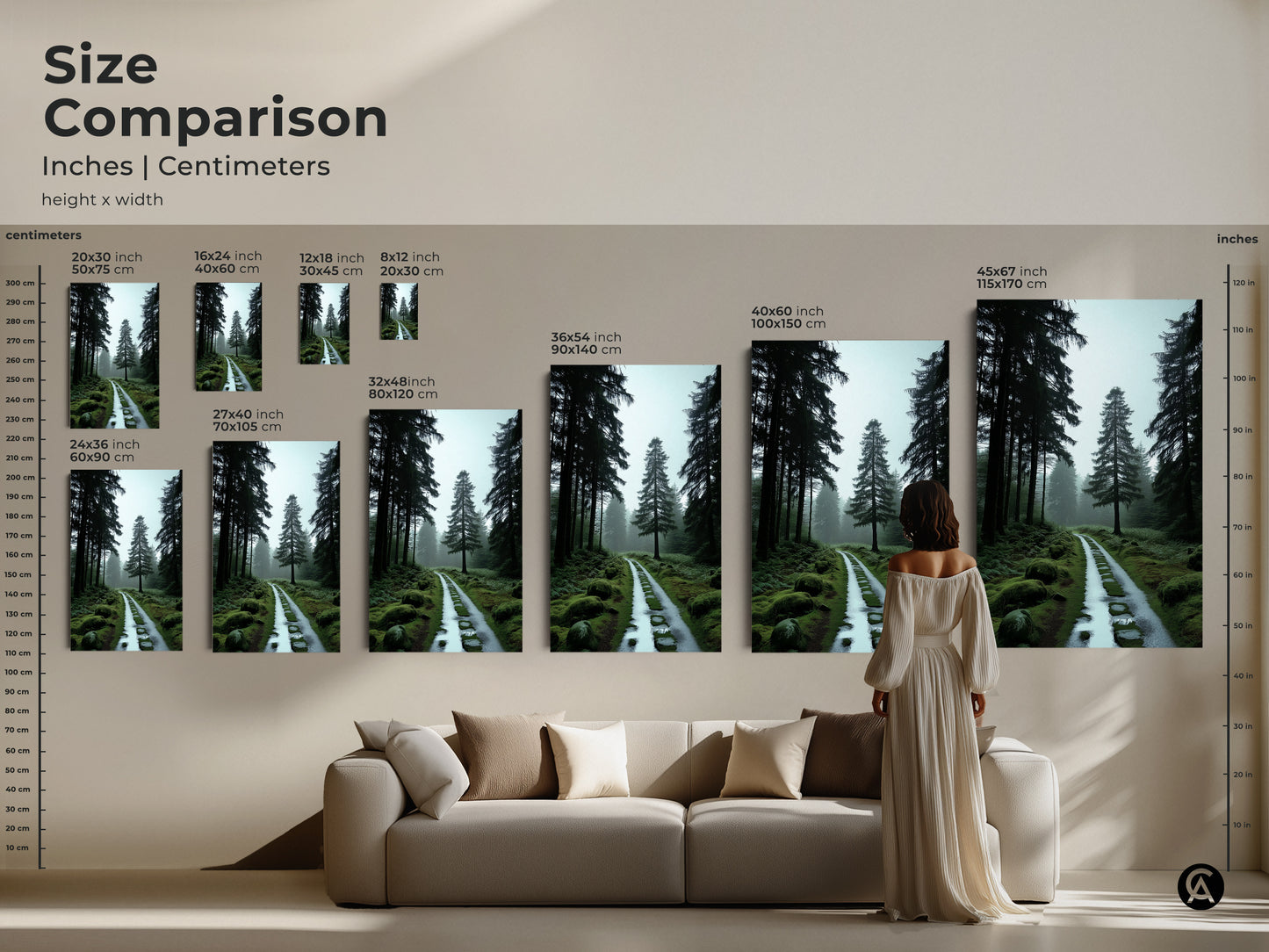 A size comparison shows various canvas and poster prints in inches and centimeters. The artwork features a misty forest path. It is ideal for nature-inspired home decor. Perfect art for any room.