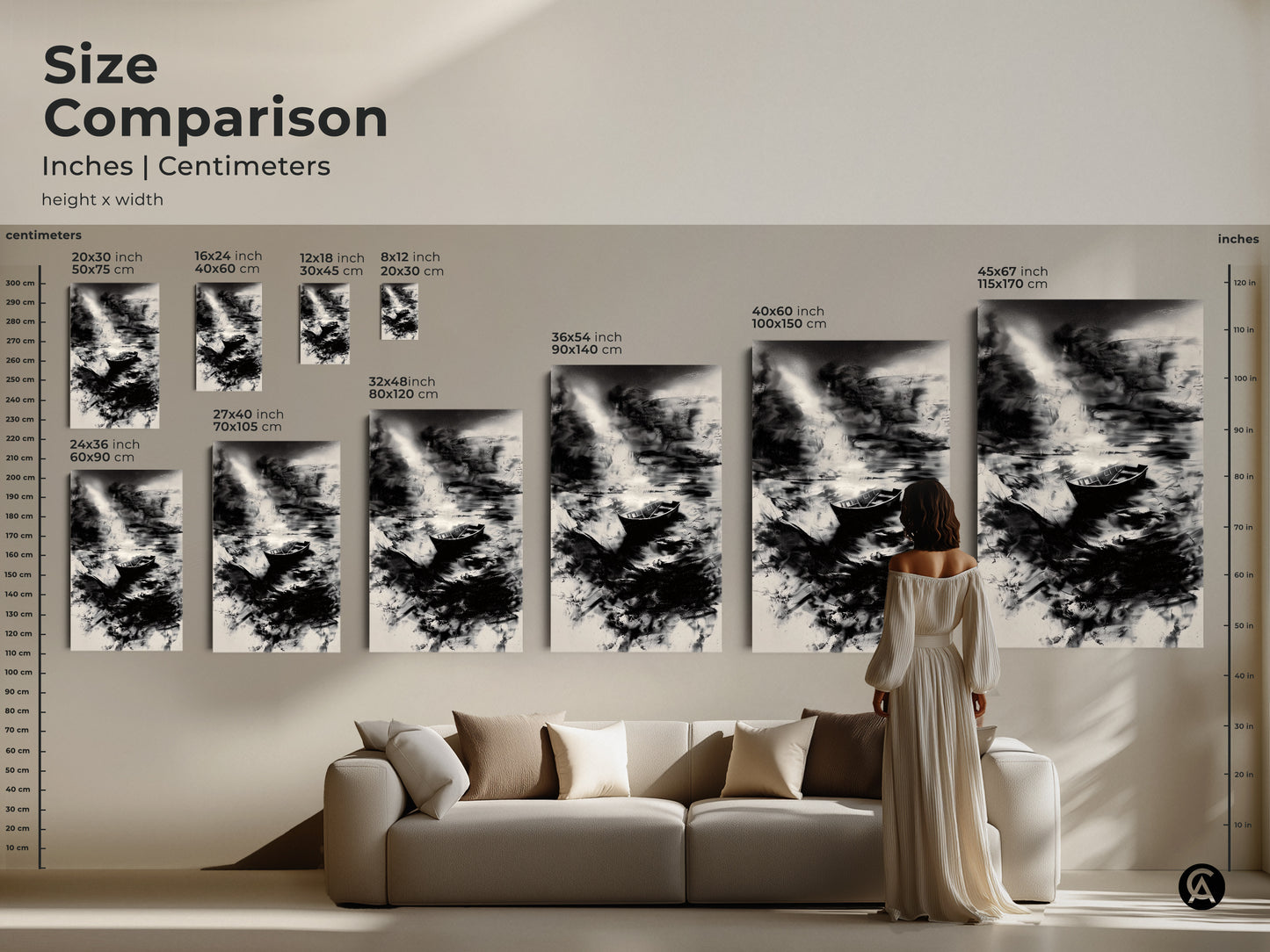 Compare sizes of abstract boat art in inches and centimeters. This black and white artwork comes in various dimensions. Choose from small to large sizes to fit your space. This serene water print is perfect for minimalist home decor. Elevate your living room with this coastal wall art.