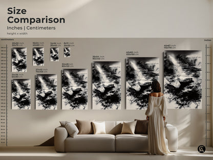 Compare sizes of abstract boat art in inches and centimeters. This black and white artwork comes in various dimensions. Choose from small to large sizes to fit your space. This serene water print is perfect for minimalist home decor. Elevate your living room with this coastal wall art.