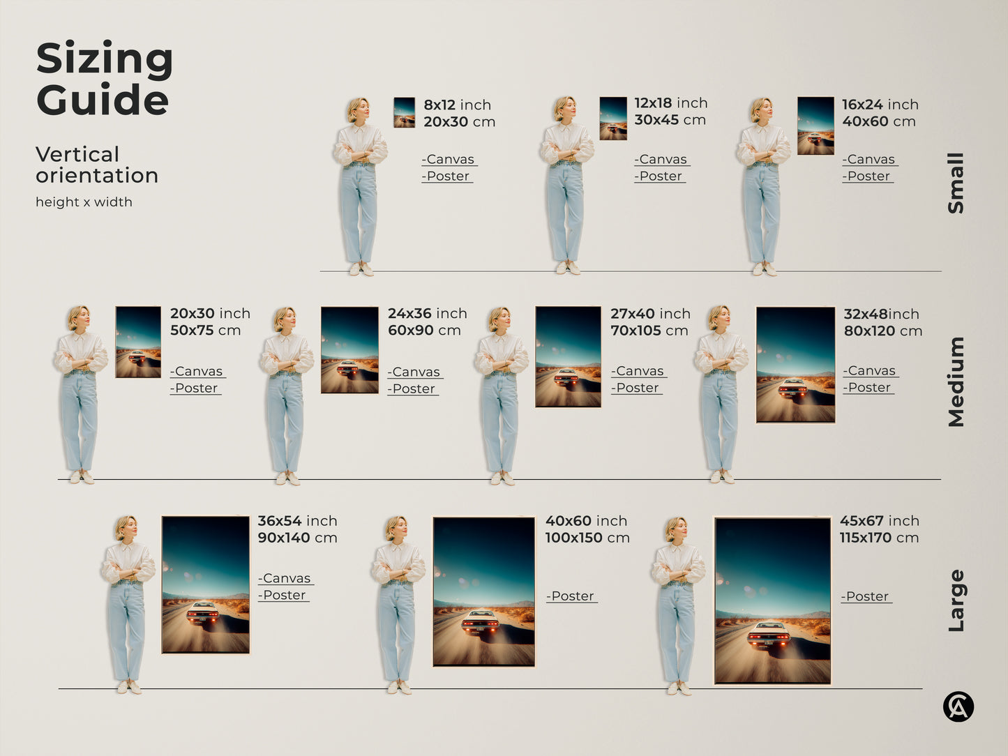 Sizing guide for vertical artwork orientation. Available in small medium and large sizes. Options include canvas and poster prints. Find the ideal fit for your space with sizes from 8x12 inches to 45x67 inches. Perfect art for any room.