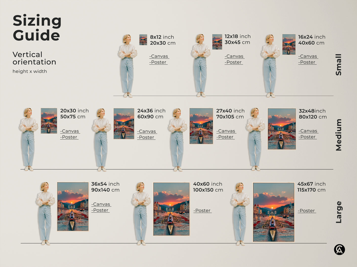Sizing Guide shows the Vertical orientation artwork. From Small 8x12 to Large 45x67 sizes for your space. Available as Canvas or Poster. Choose the size and format that best fits your nautical sports artwork needs.