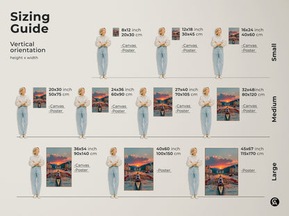 Sizing Guide shows the Vertical orientation artwork. From Small 8x12 to Large 45x67 sizes for your space. Available as Canvas or Poster. Choose the size and format that best fits your nautical sports artwork needs.