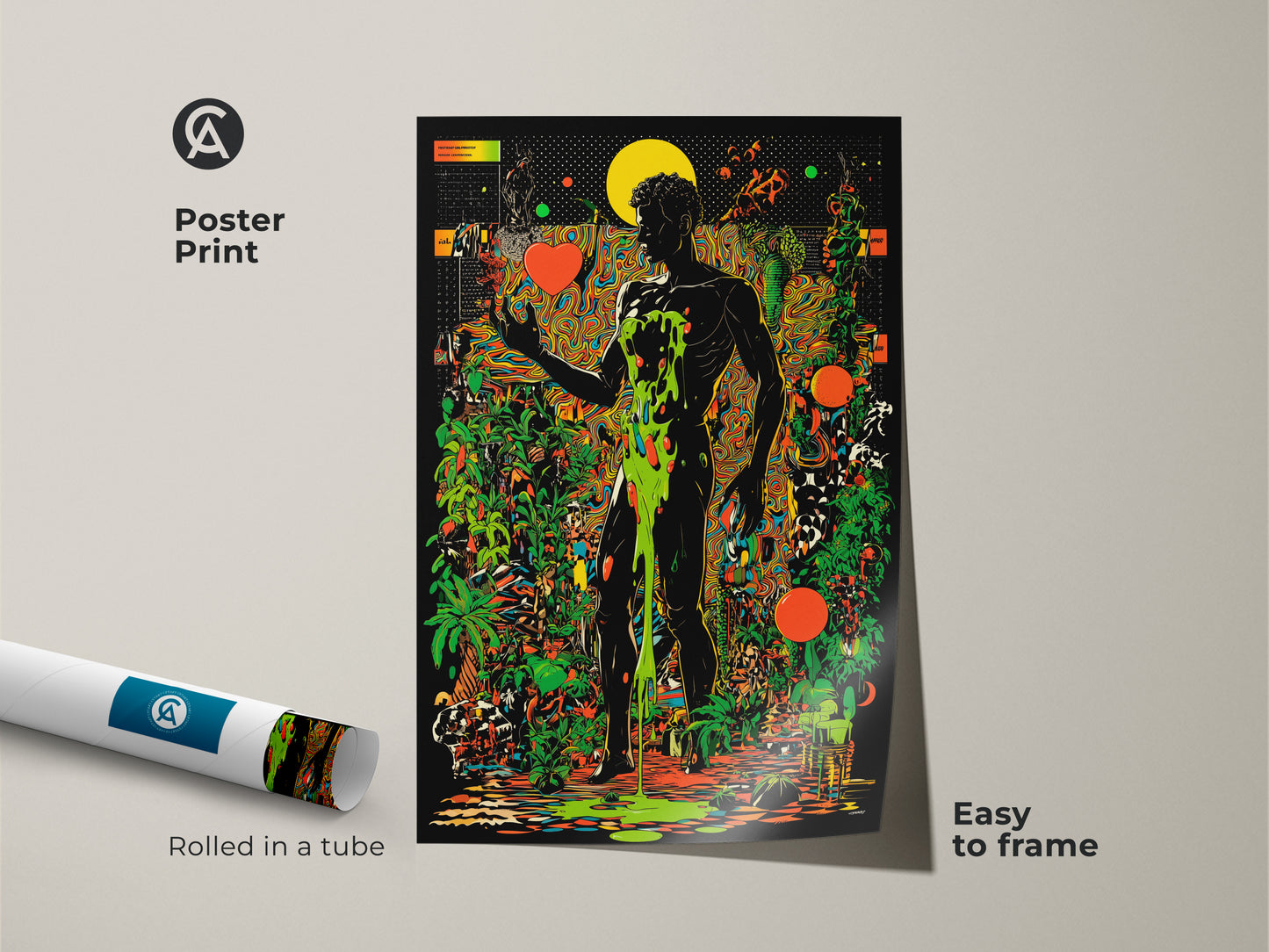 Poster print of a surreal man art piece. The psychedelic botanical wall art comes rolled in a tube. This trippy figurative canvas is easy to frame. Abstract black orange and green art for unique wall decor.