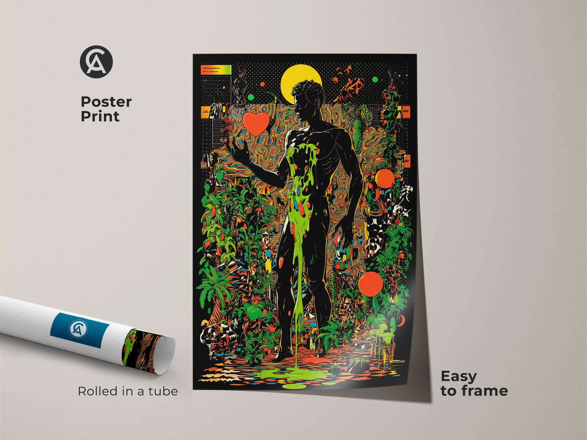Poster print of a surreal man art piece. The psychedelic botanical wall art comes rolled in a tube. This trippy figurative canvas is easy to frame. Abstract black orange and green art for unique wall decor.