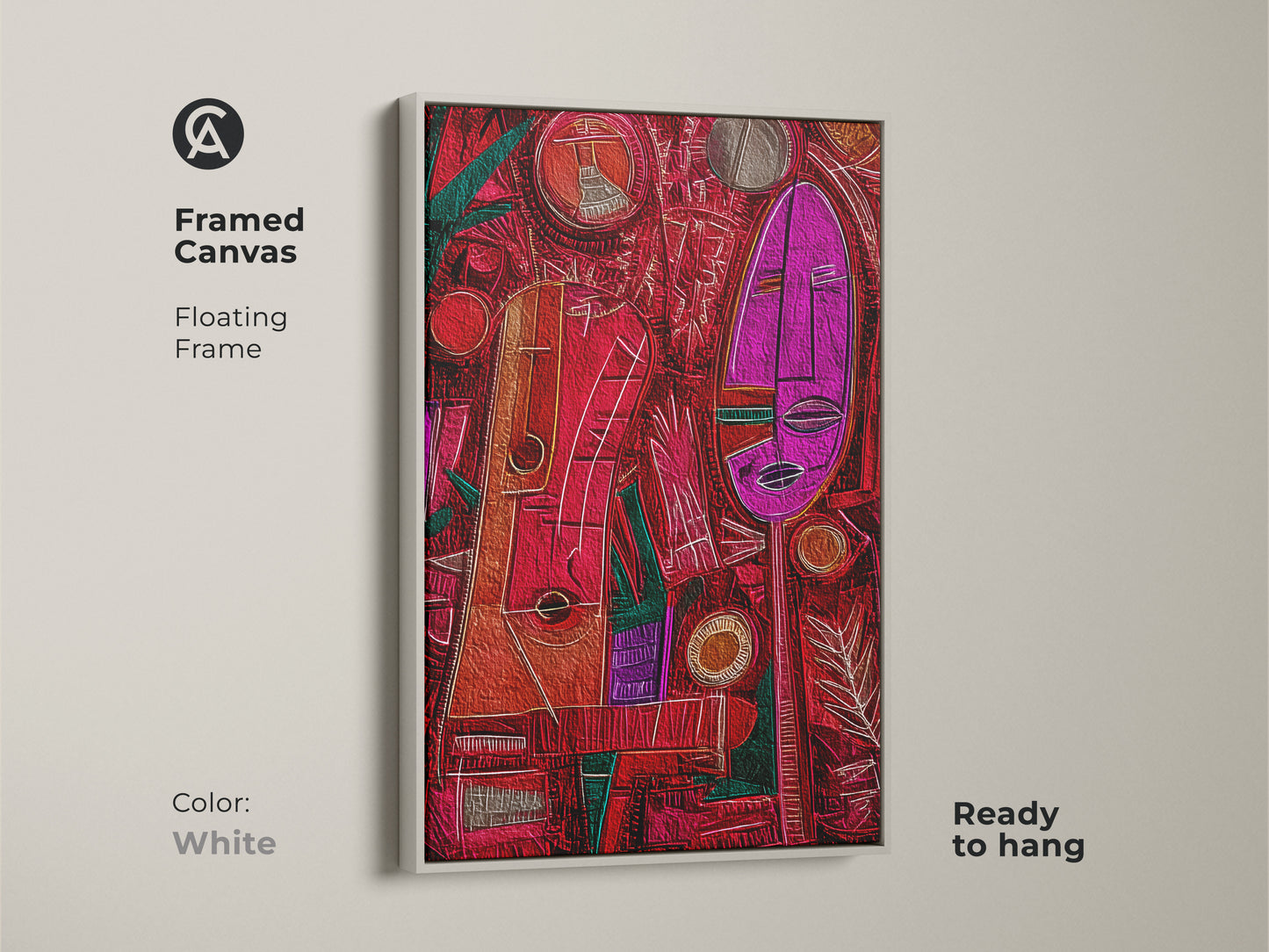 Framed canvas features a white floating frame. It includes abstract tribal faces with geometric patterns. A colorful canvas print ready to hang. Add art to your walls with this unique artwork.