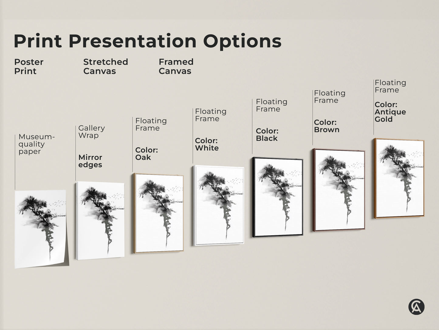Explore print presentation options. Discover poster prints stretched canvas and framed canvas selections. Floating frames are available in white black brown and antique gold. Find the perfect Ink Wash Tree art.