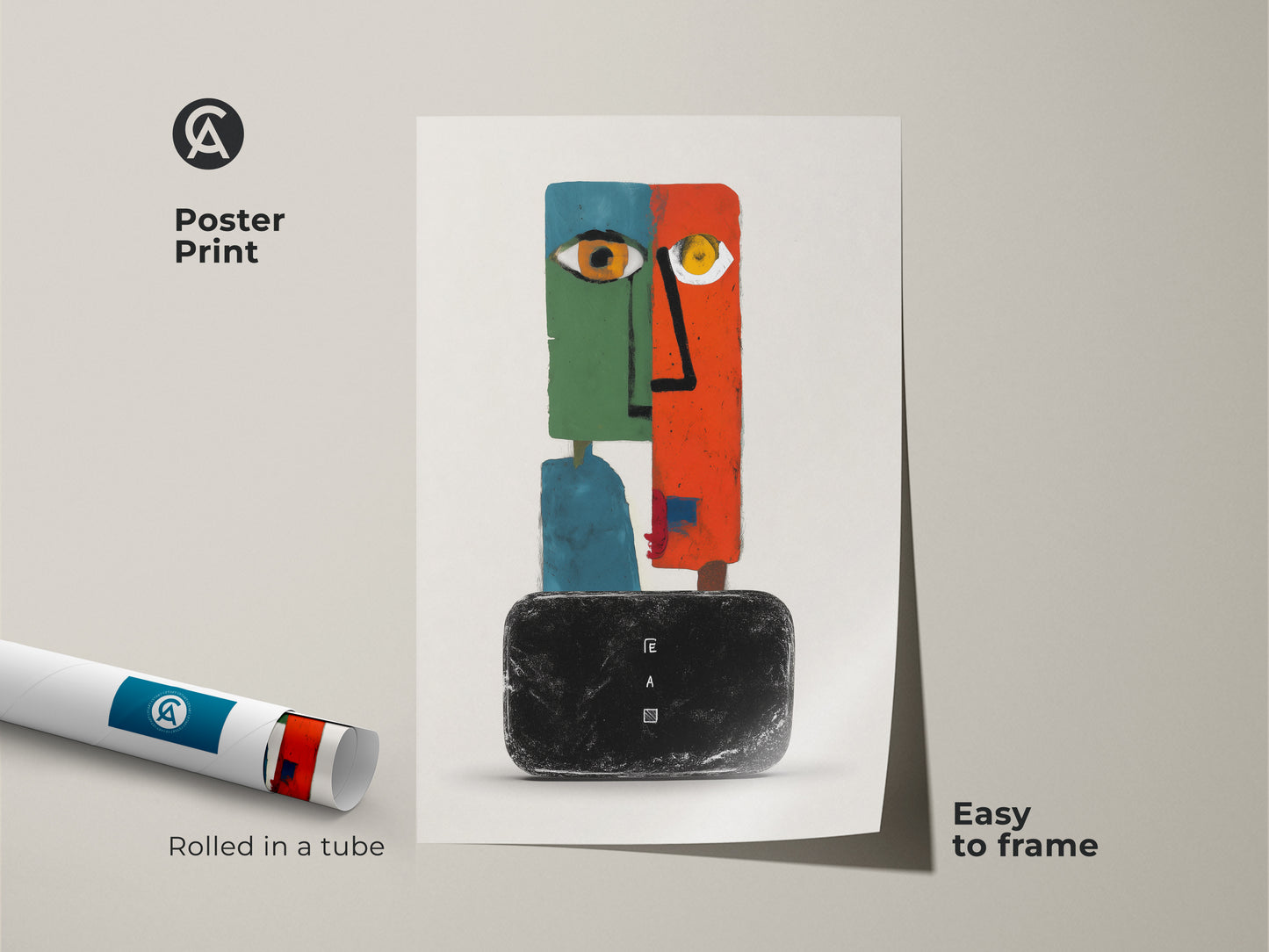 Poster print of a surreal figurative artwork. This modern abstract face art piece showcases an eclectic orange green and teal color palette. This geometric abstract print adds a pop of color to any room. Easy to frame and perfect for a unique home office or living room. A great gift for art lovers.