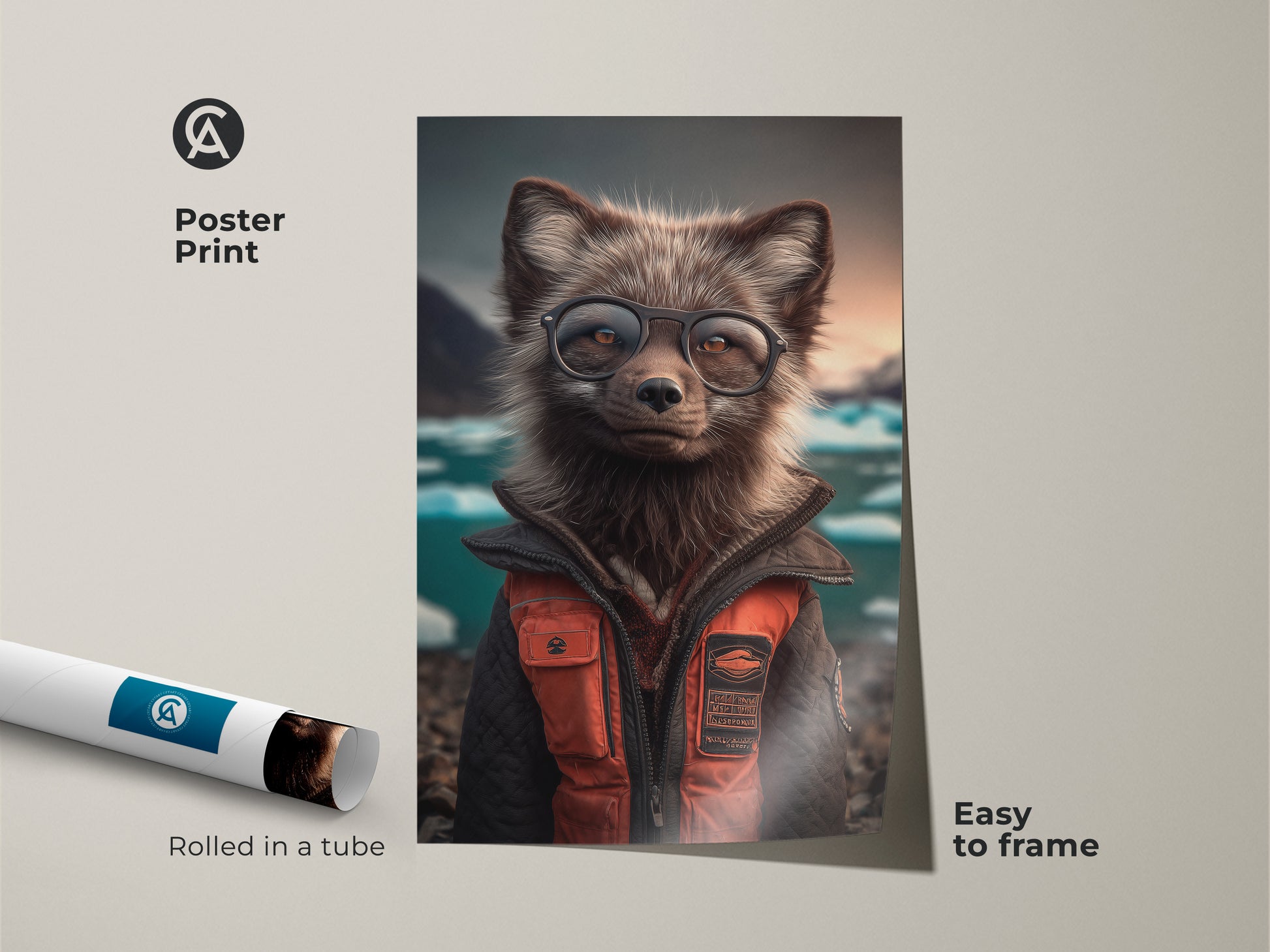 Arctic Fox wearing glasses as a poster print. This is an Anthropomorphic fox art for wall decor. It is an Eclectic artwork for a study room. Great animal lover birthday gift idea. The orange and teal fox painting has modern abstract animal art. Easy to frame print.
