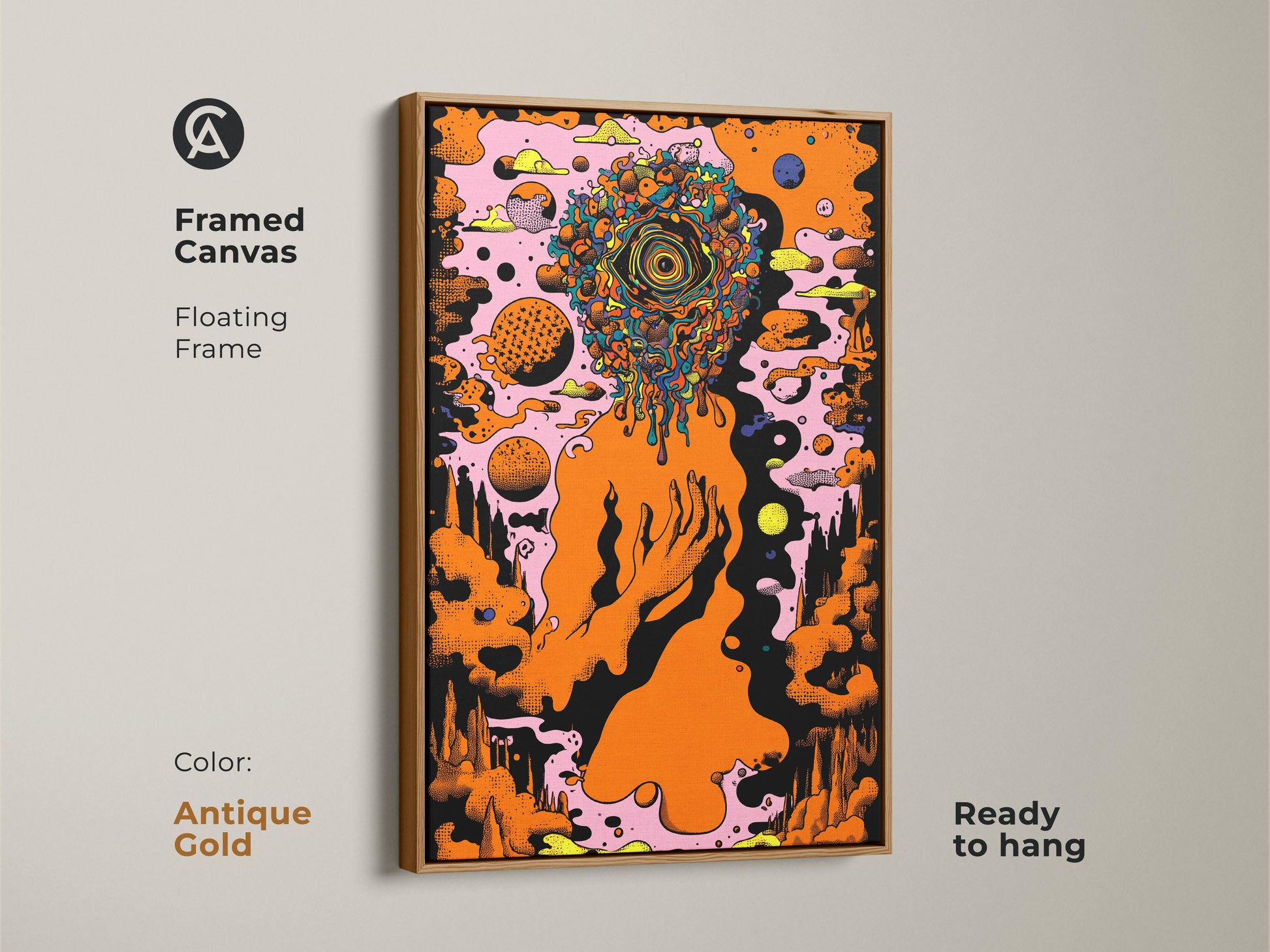 Framed canvas displaying psychedelic art with an abstract head and orange eye. This surrealism wall art comes with a floating antique gold frame. It's a vibrant and unique art gift for creative spaces. Perfect as bold color artwork or eclectic office decor.