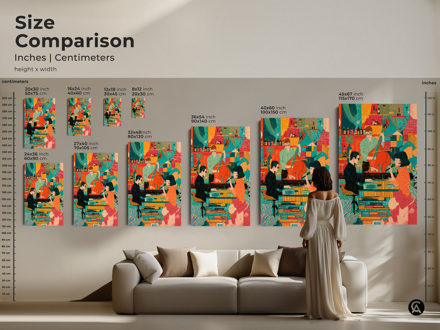 A size comparison of the Mid-Century Modern Jazz Band artwork. This retro singer and bassist canvas print showcases various dimensions. See how this eclectic orange and teal art fits above a sofa. This piece is a vibrant addition to any music lover's home decor.