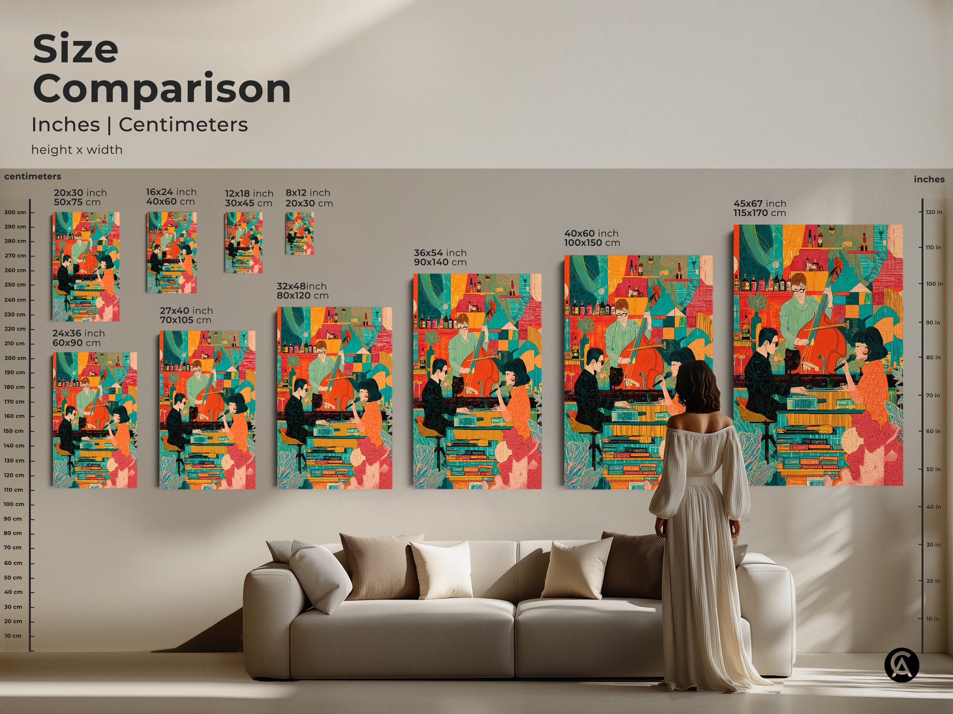 A size comparison of the Mid-Century Modern Jazz Band artwork. This retro singer and bassist canvas print showcases various dimensions. See how this eclectic orange and teal art fits above a sofa. This piece is a vibrant addition to any music lover's home decor.