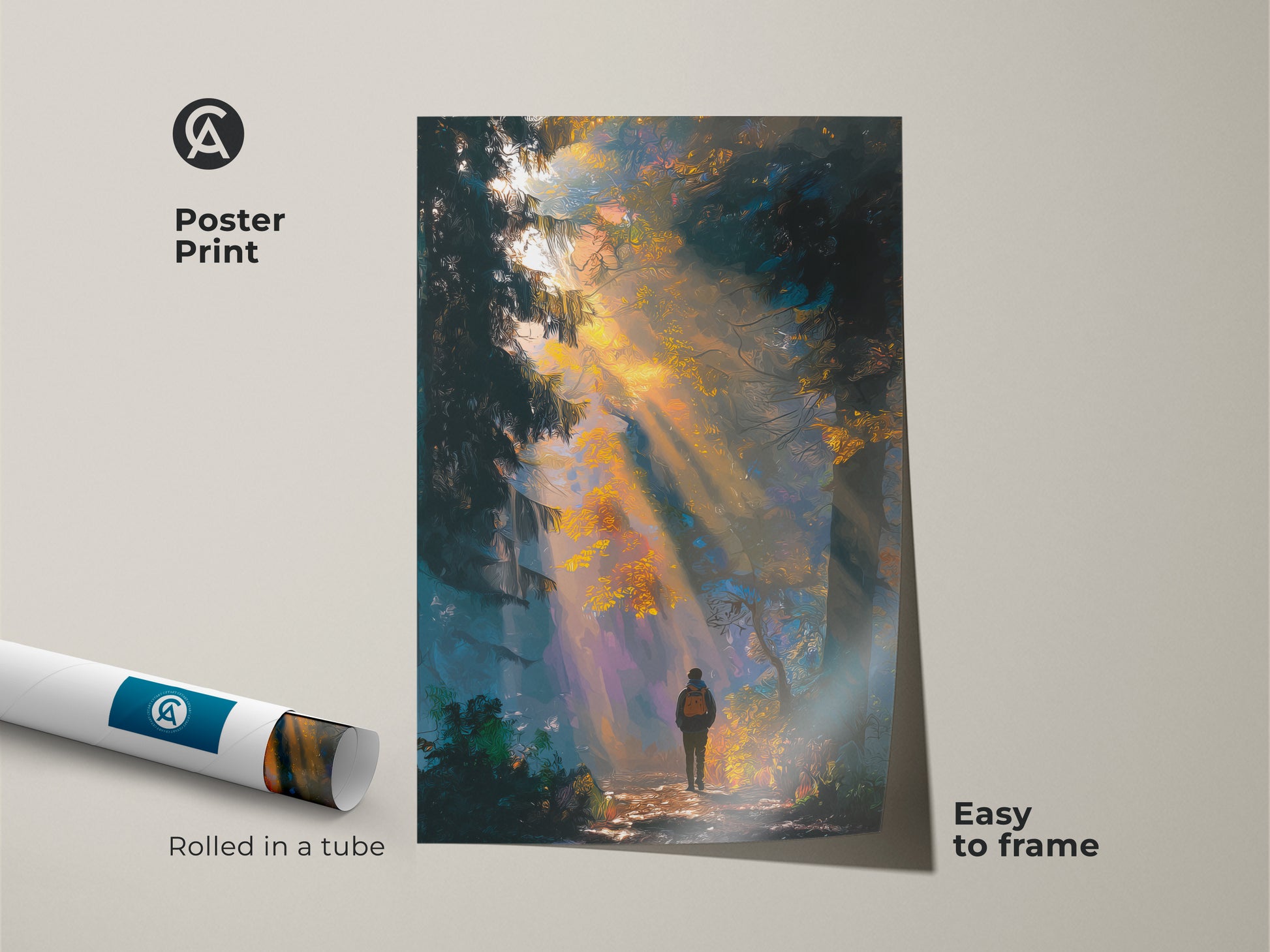 A poster print shows a lone hiker in a forest with sunlight streaming through the trees. This easy-to-frame art piece brings nature indoors. Rolled in a tube for protection this forest artwork is ready to be displayed. Enhance your home decor with this vibrant nature scene.