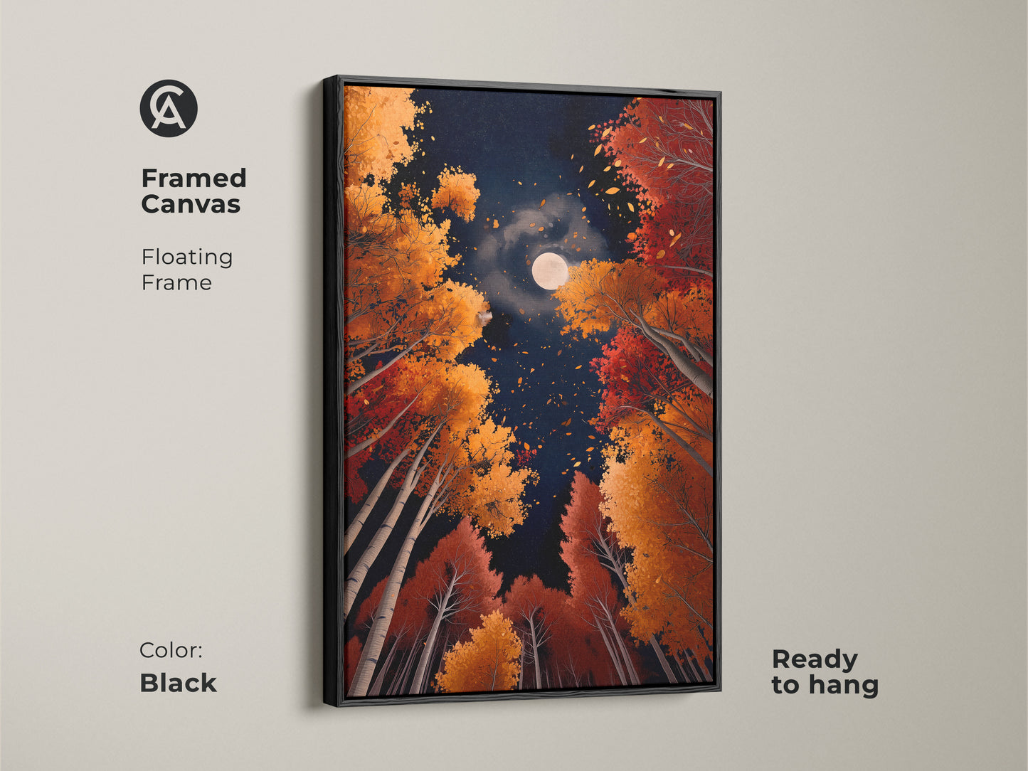 Adorn your walls with 'Autumn Moon' framed canvas in black. This floating frame enhances the beauty of the fall trees and moonlit sky. Ready to hang and easy to enjoy. A stylish piece of wall art for any home or office. Shop now for framed art.