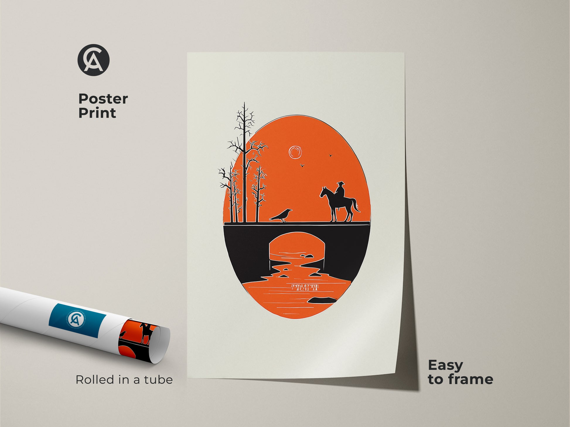 Poster print of a cowboy on horseback on a bridge. This minimalist western art features a retro orange and black landscape. The Mid-Century Modern artwork is easy to frame. It adds a touch of wanderlust to any room. Perfect as a housewarming gift for travel enthusiasts. The silhouette bridge painting is rolled in a tube for protection.