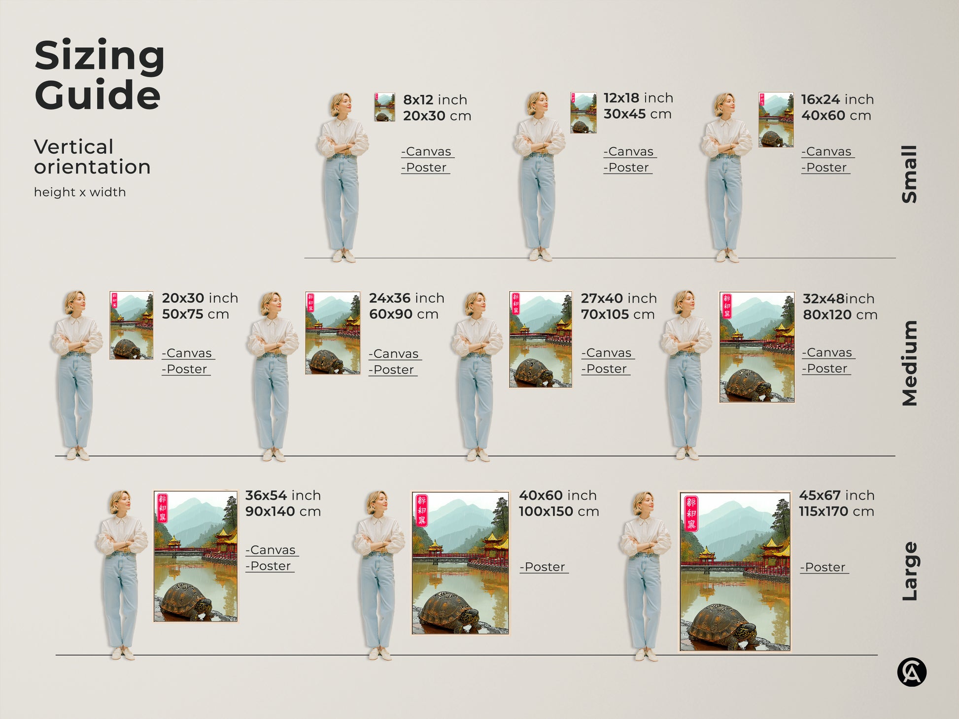 Sizing Guide shows vertical orientations for Asian Pagoda Bridge Art on canvas and poster.  Illustrating various sizes with a person for scale it makes choosing art easy. Perfect eclectic art for living rooms and bedrooms.
