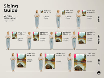 Sizing Guide shows vertical orientations for Asian Pagoda Bridge Art on canvas and poster.  Illustrating various sizes with a person for scale it makes choosing art easy. Perfect eclectic art for living rooms and bedrooms.