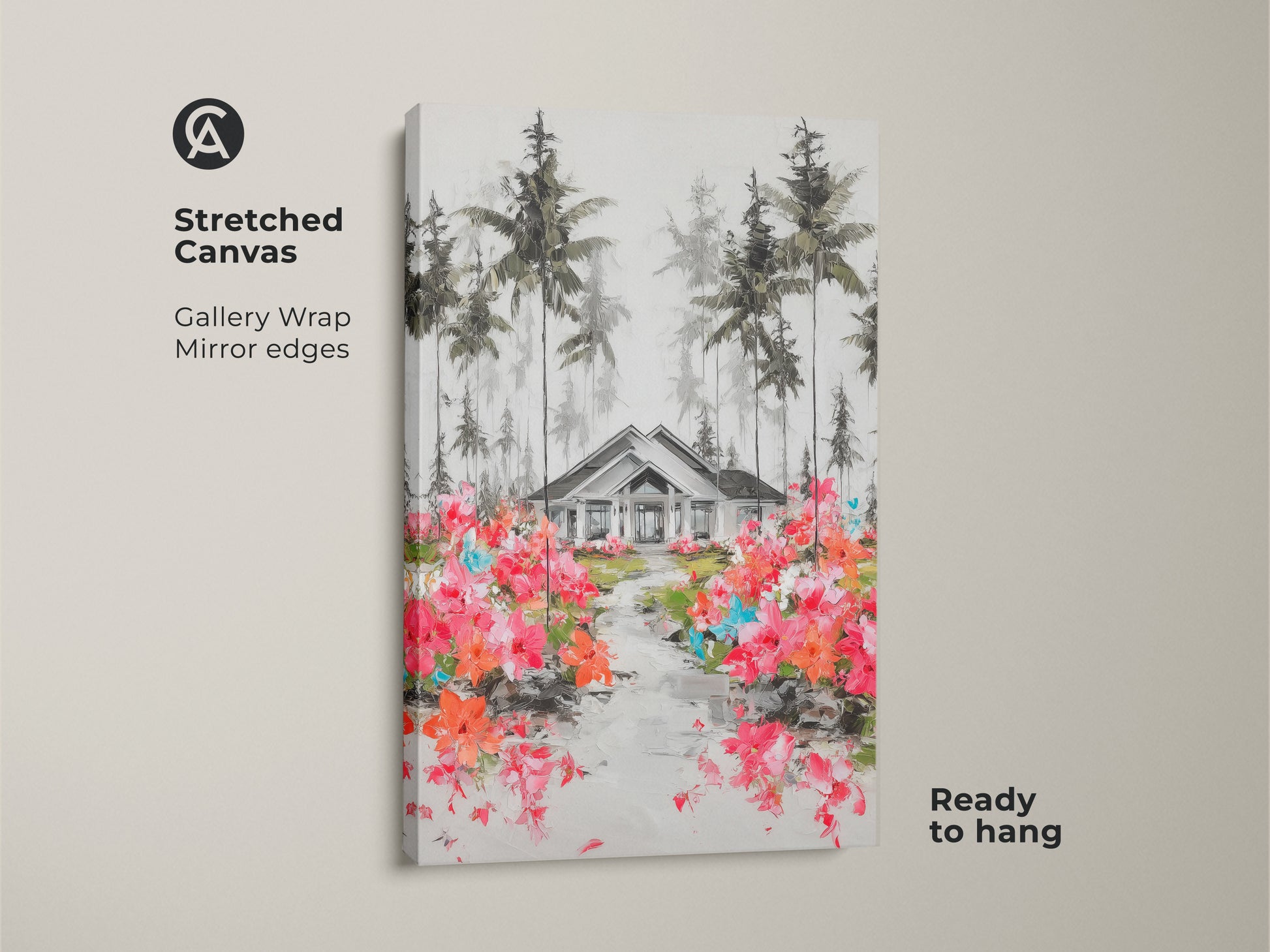 This Stretched Canvas art showcases a picturesque house framed by pine trees. A path of pink and orange flowers creates an inviting scene. The gallery-wrapped canvas with mirrored edges is ready to hang. This impressionistic art print adds nature-inspired beauty to a modern farmhouse entry hall.