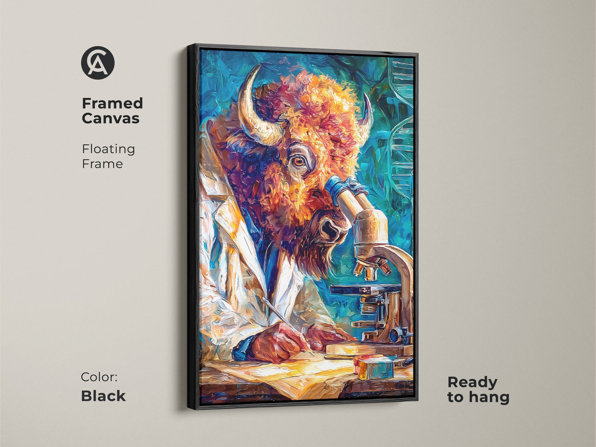 Black framed canvas artwork of a bull scientist. The bull is wearing a lab coat. He is looking into a microscope. The art is ready to hang. It features a floating frame. This painting is a unique piece for any science enthusiast.
