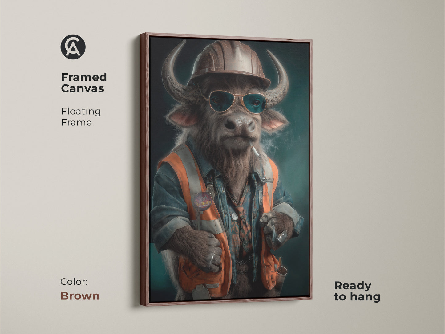 A framed canvas presents a surrealist buffalo construction worker. It features a floating frame in brown and is ready to hang. This funny office wall art adds eclectic charm to any room. The artisan digital painting has teal orange brown accents. The animal-themed artwork will add workplace personality to any space.