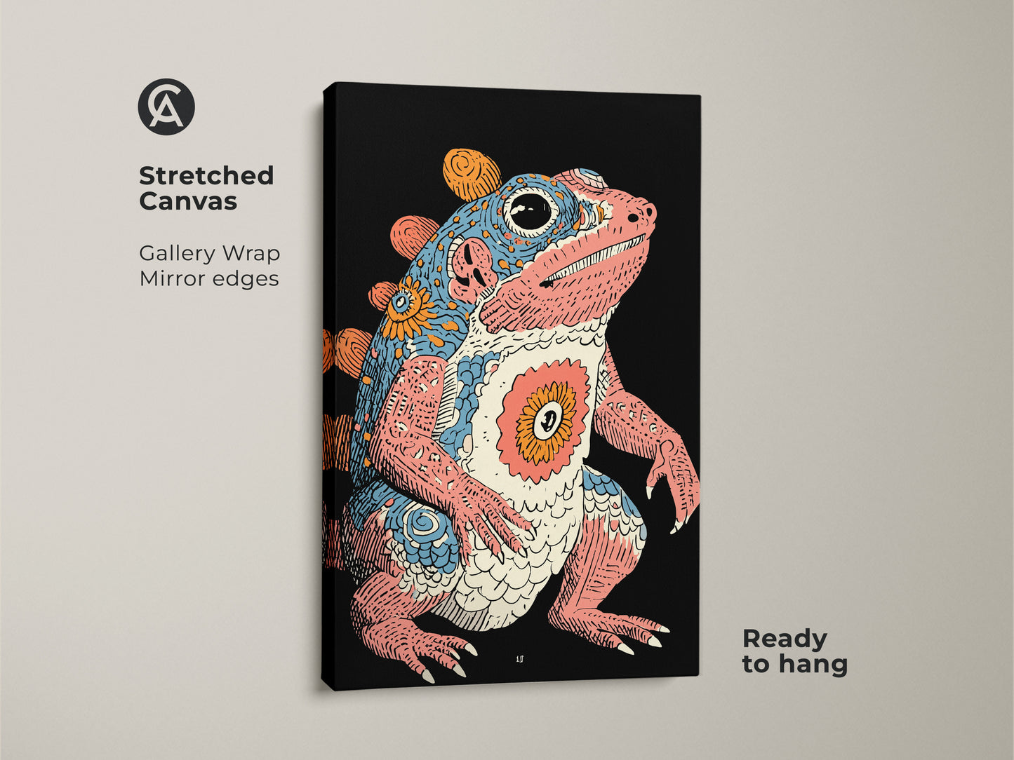 A stretched canvas print of a retro creature. This psychedelic frog wall art features mirror edges. The gallery wrap shows a fantasy amphibian poster. The pink blue and orange artwork makes an eclectic statement. Ready to hang this print will add a vibrant touch to any space.
