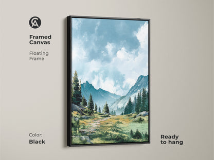 Enhance your living space with this framed canvas art. Showcasing a scenic mountain landscape in a black floating frame. This ready-to-hang piece adds sophistication to any room. The contrast of the black frame enhances the artwork's beauty.