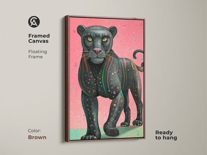 The framed canvas features pink teal geometric panther art with a floating frame. The contemporary wildlife art shows abstract animal artwork for an eclectic home. It's ready to hang and the brown frame gives a warm feel. This black panther artwork makes a great animal lover gift. It adds a unique touch to any room.