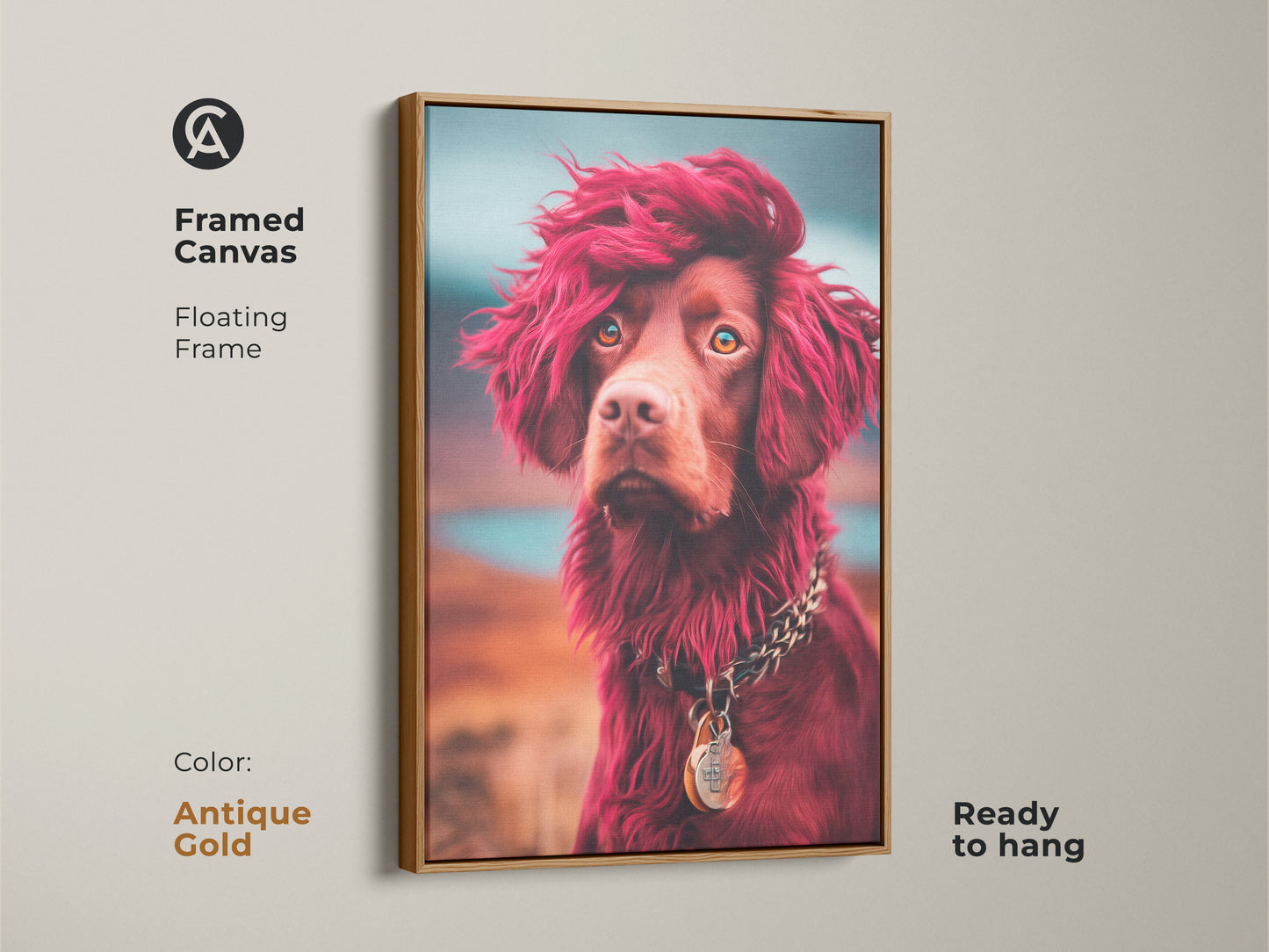 Antique Gold framed canvas of an eclectic dog art print. The artwork features a red-haired brown dog wearing a chunky chain. Floating frame and ready to hang. Add character to your home with this animal artwork. It makes a wonderful dog owner present.