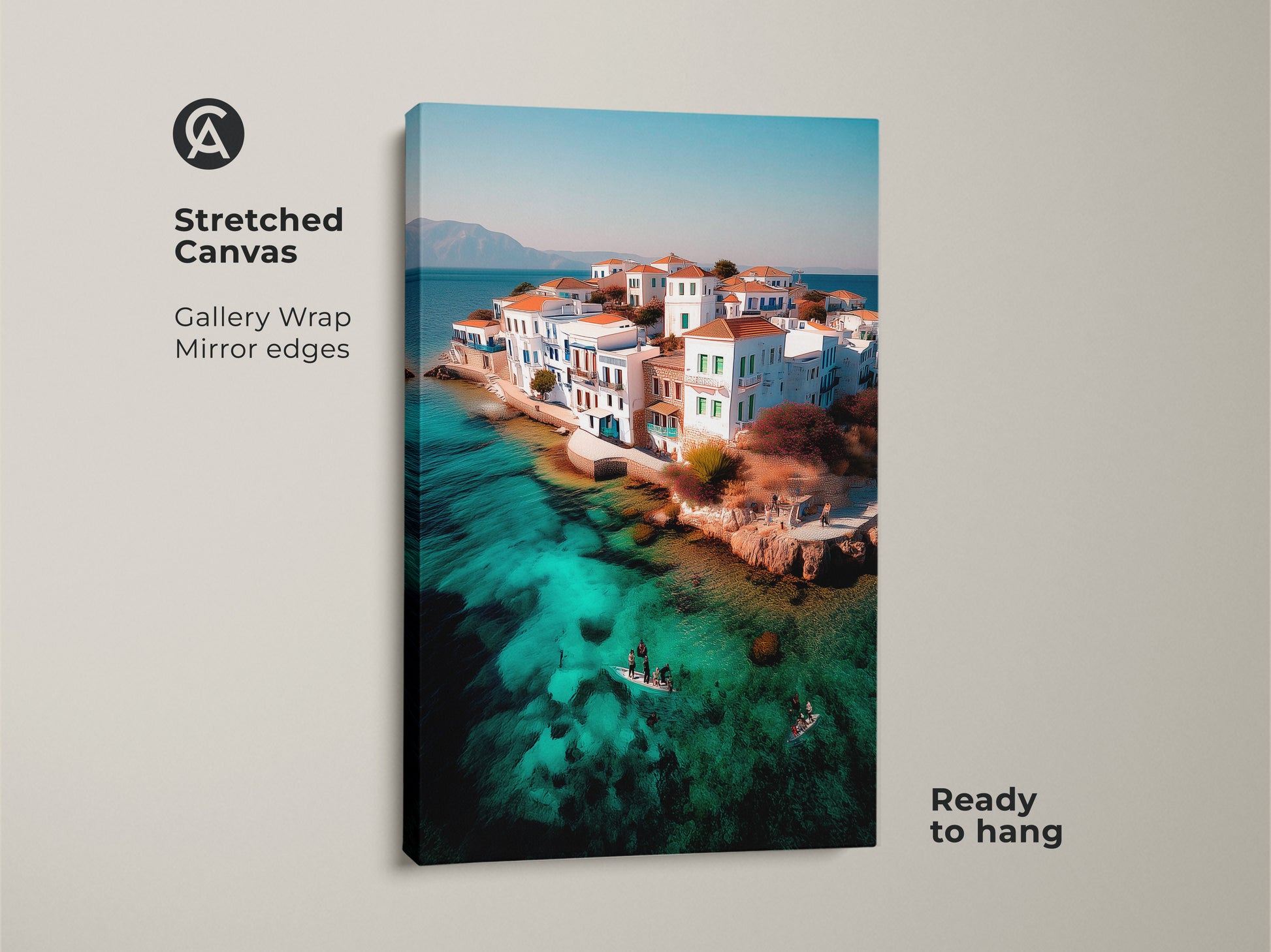 Stretched canvas coastal artwork of an island village. The gallery wrap features mirror edges. The turquoise water seascape print is ready to hang. This Mediterranean wall art captures a paddleboarding scene. It's ideal for travel lovers and adds a coastal touch.