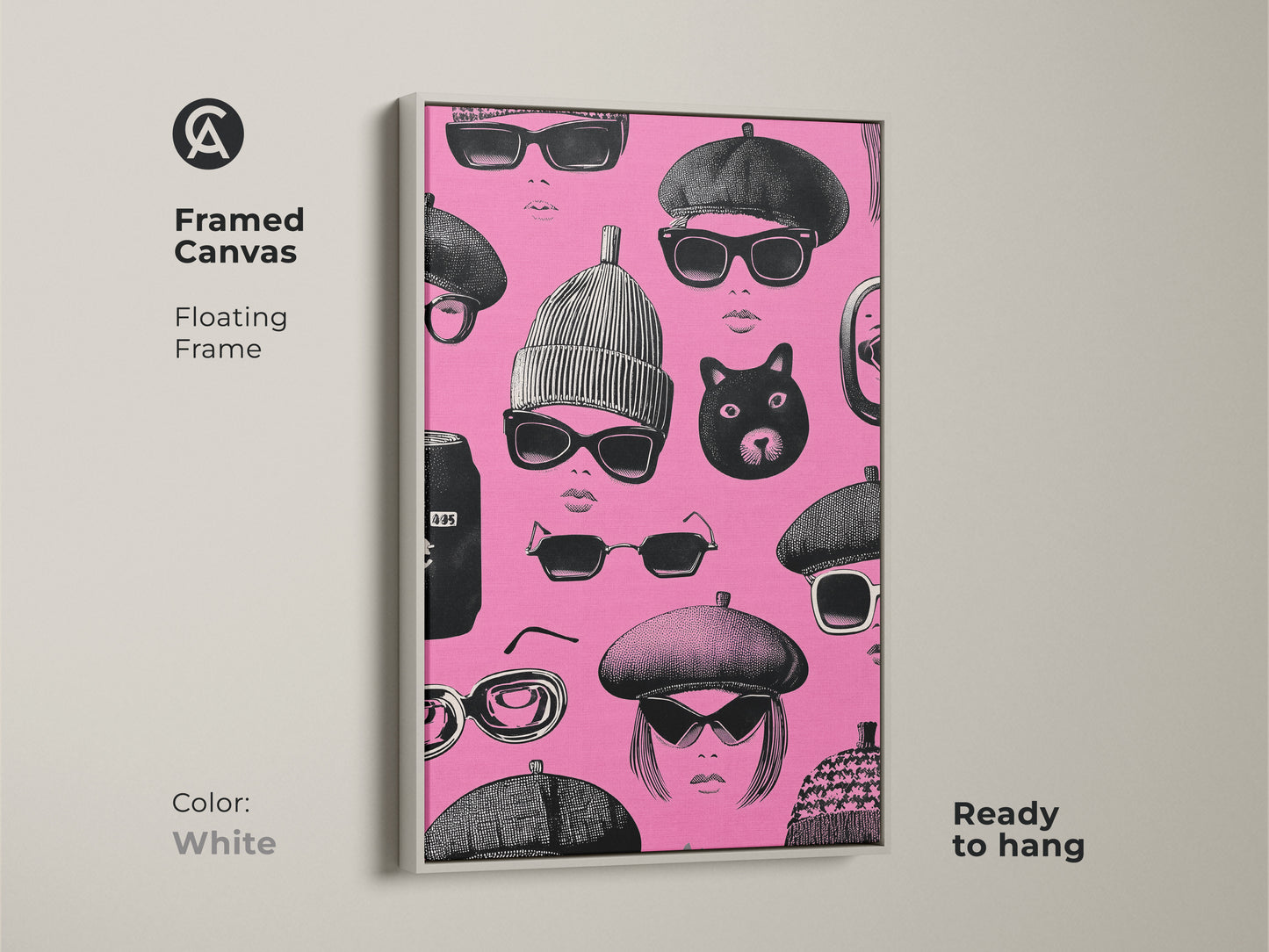 Framed canvas with a white floating frame. Retro pop art print featuring pink and black faces with sunglasses and berets. This piece of eclectic bedroom decor is ready to hang. It's a great gift for fashion lovers.
