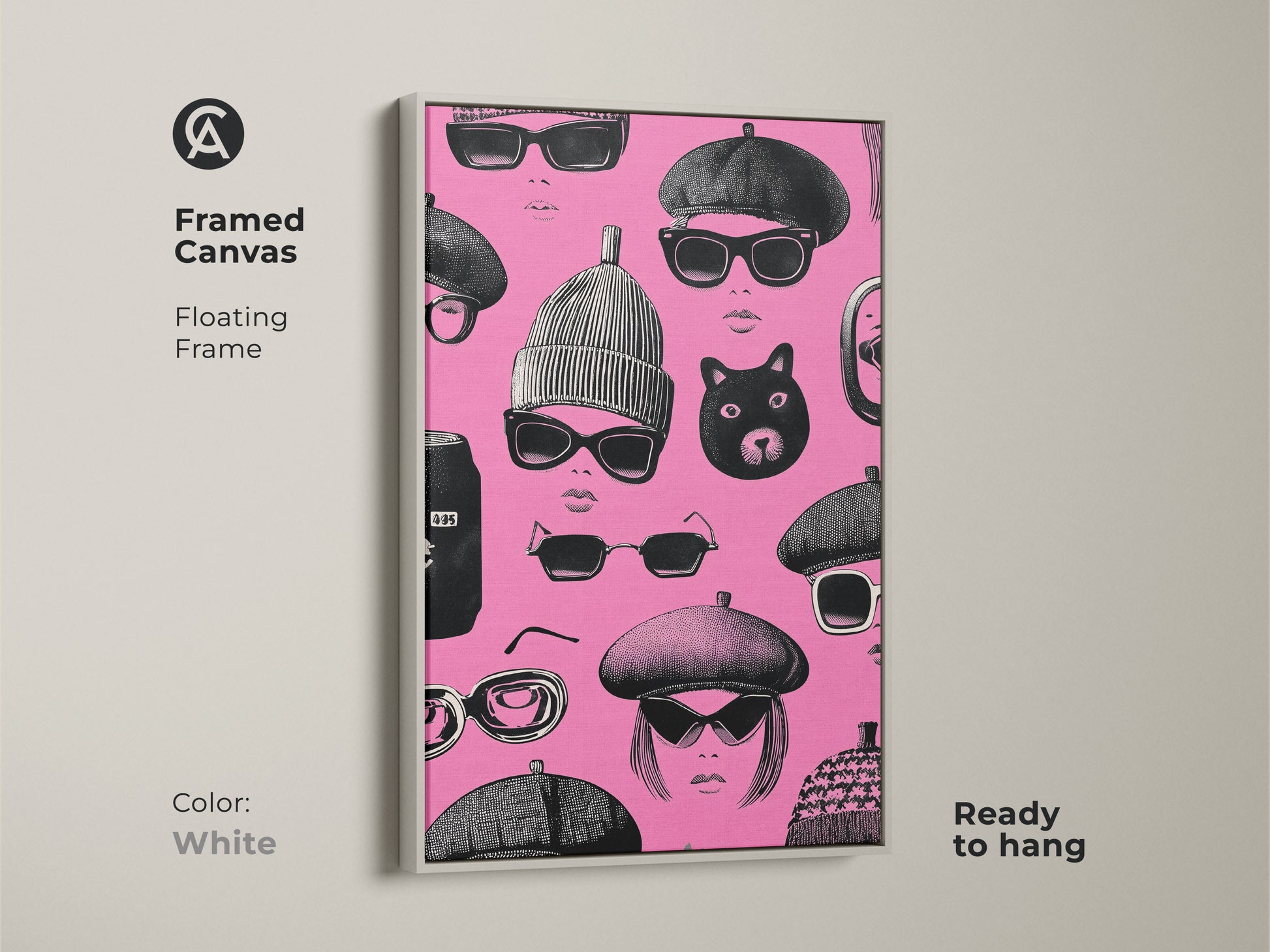 Framed canvas with a white floating frame. Retro pop art print featuring pink and black faces with sunglasses and berets. This piece of eclectic bedroom decor is ready to hang. It's a great gift for fashion lovers.