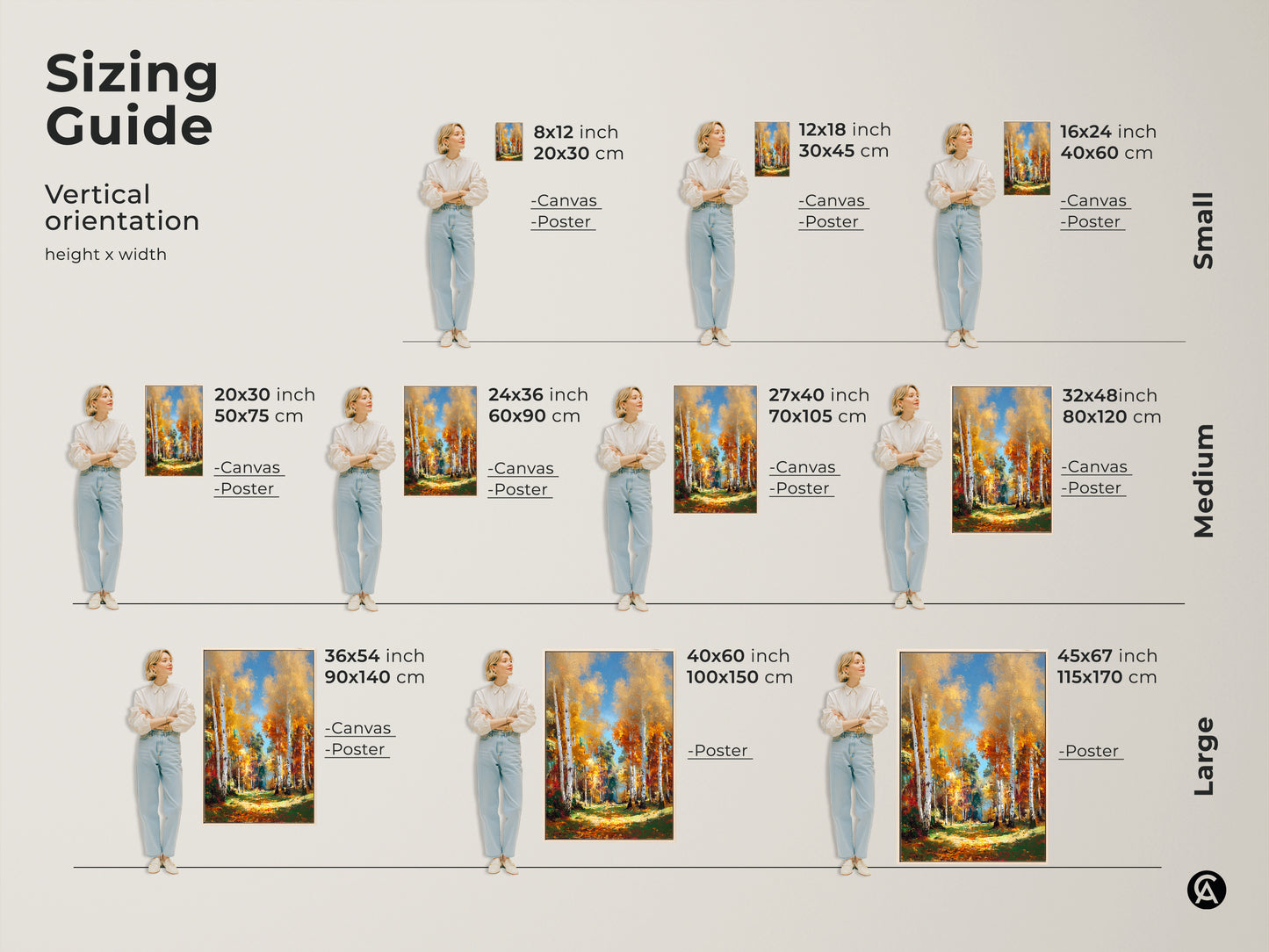 Birch Tree Artwork Sizing Guide. Visualize vertical orientation sizes from small to large. See how the canvas and poster prints fit in your space. Find the perfect size for your home.