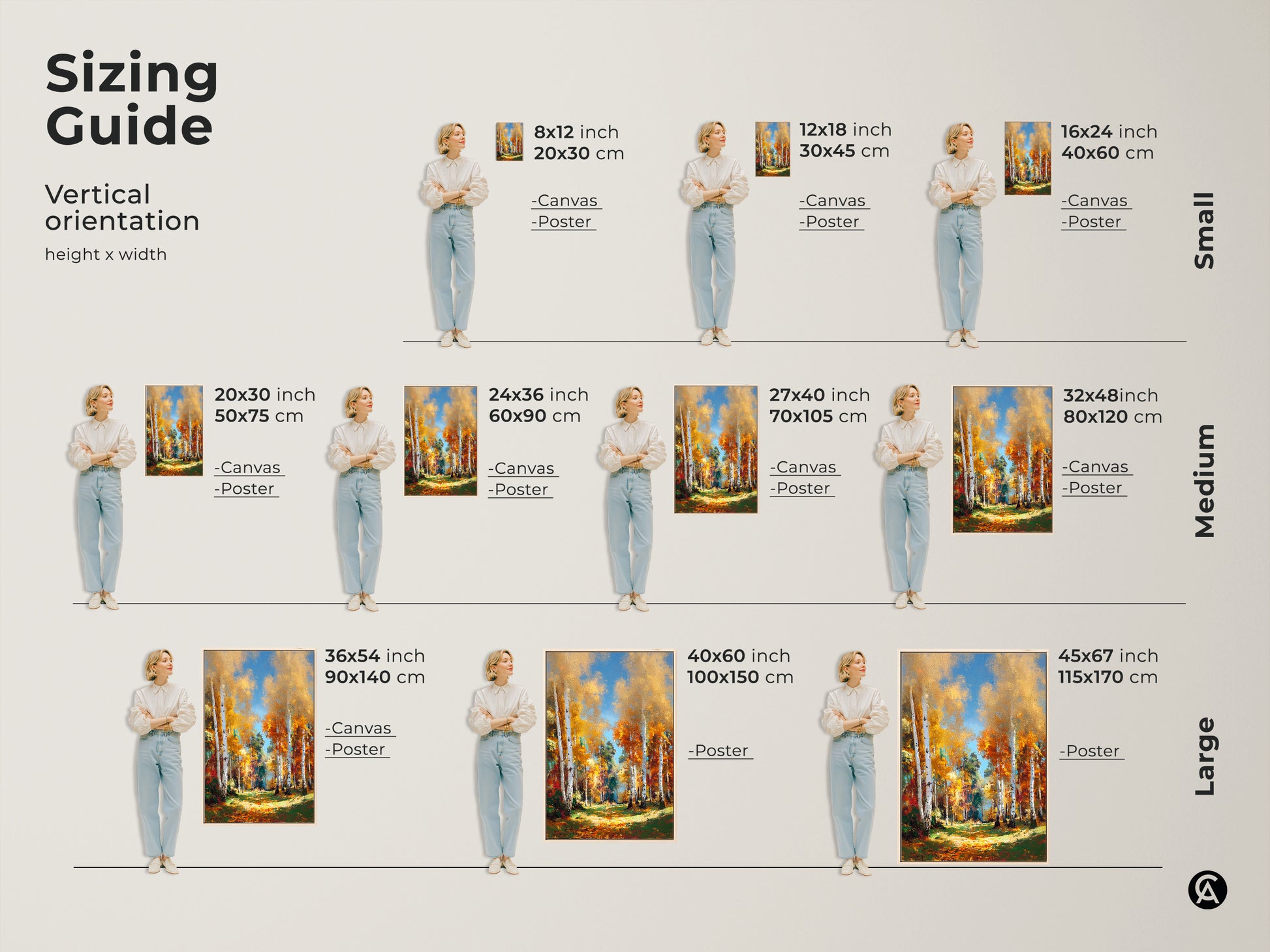 Birch Tree Artwork Sizing Guide. Visualize vertical orientation sizes from small to large. See how the canvas and poster prints fit in your space. Find the perfect size for your home.